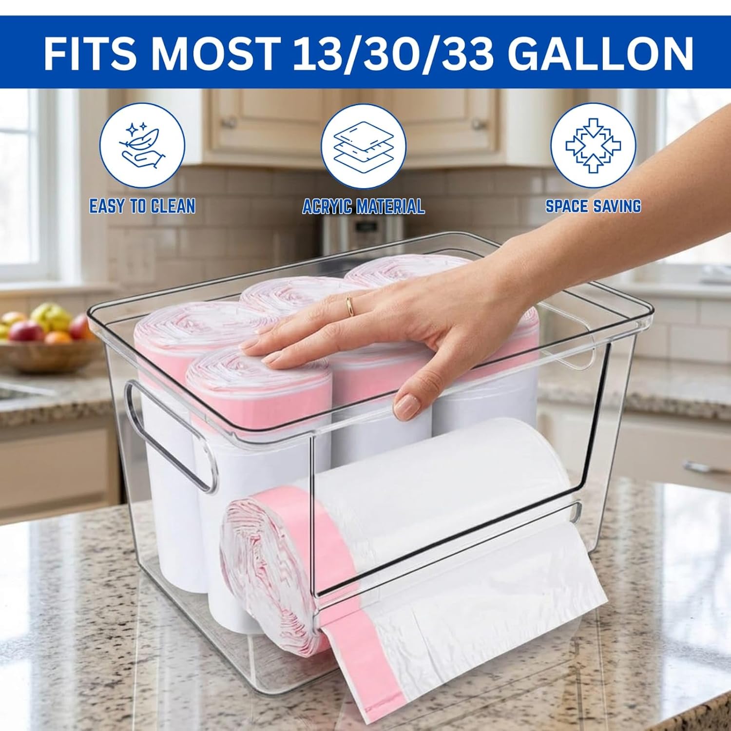 Acrylic Trash Bag Dispenser, Stackable Garbage Bag Organizer & Holder Dispenser, Clear Trash Bag Organizer for Under Sink, Kitchen Drawer Storage, Dishwasher Pods Container & Bag Holder
