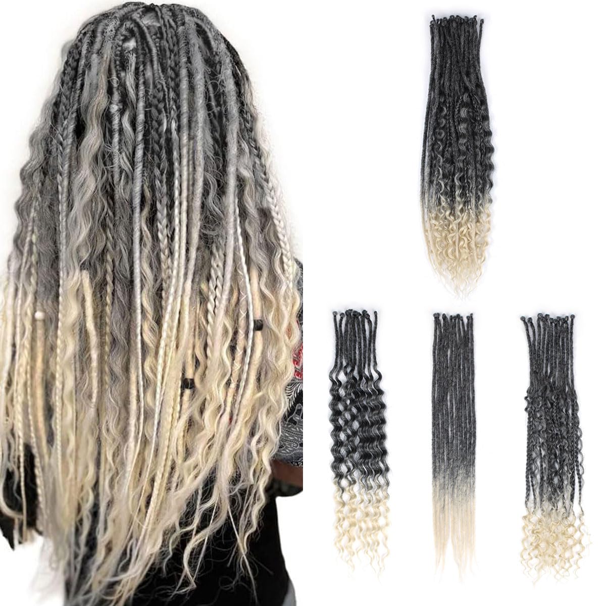 Sangtok 24in Single Ended 3 in 1 Dreadlock Extensions, 30pcs Grey to Blonde Mixed Dreads Extensions Set SE Dreads with Curly Dreadlocks for White