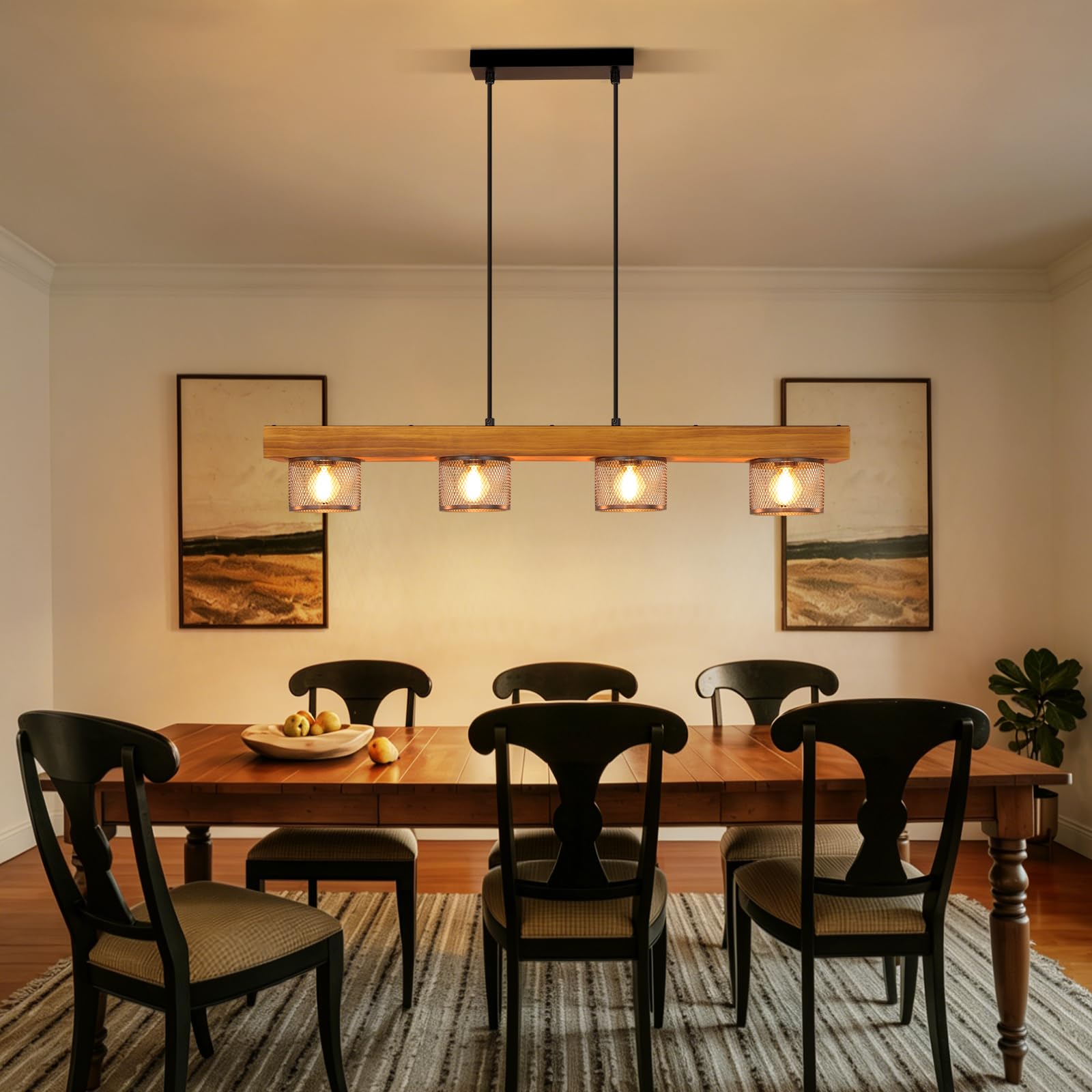 ZMH Vintage Pendelleuchte Holz Hängelampe esstisch 4 flammig mit Holzbalken | Schwarz Hängeleuchte retro Esstischlampe E14 Esszimmerlampe aus Metall für Küche Wohnzimmer Esszimmer (Ohne Leuchtmittel)