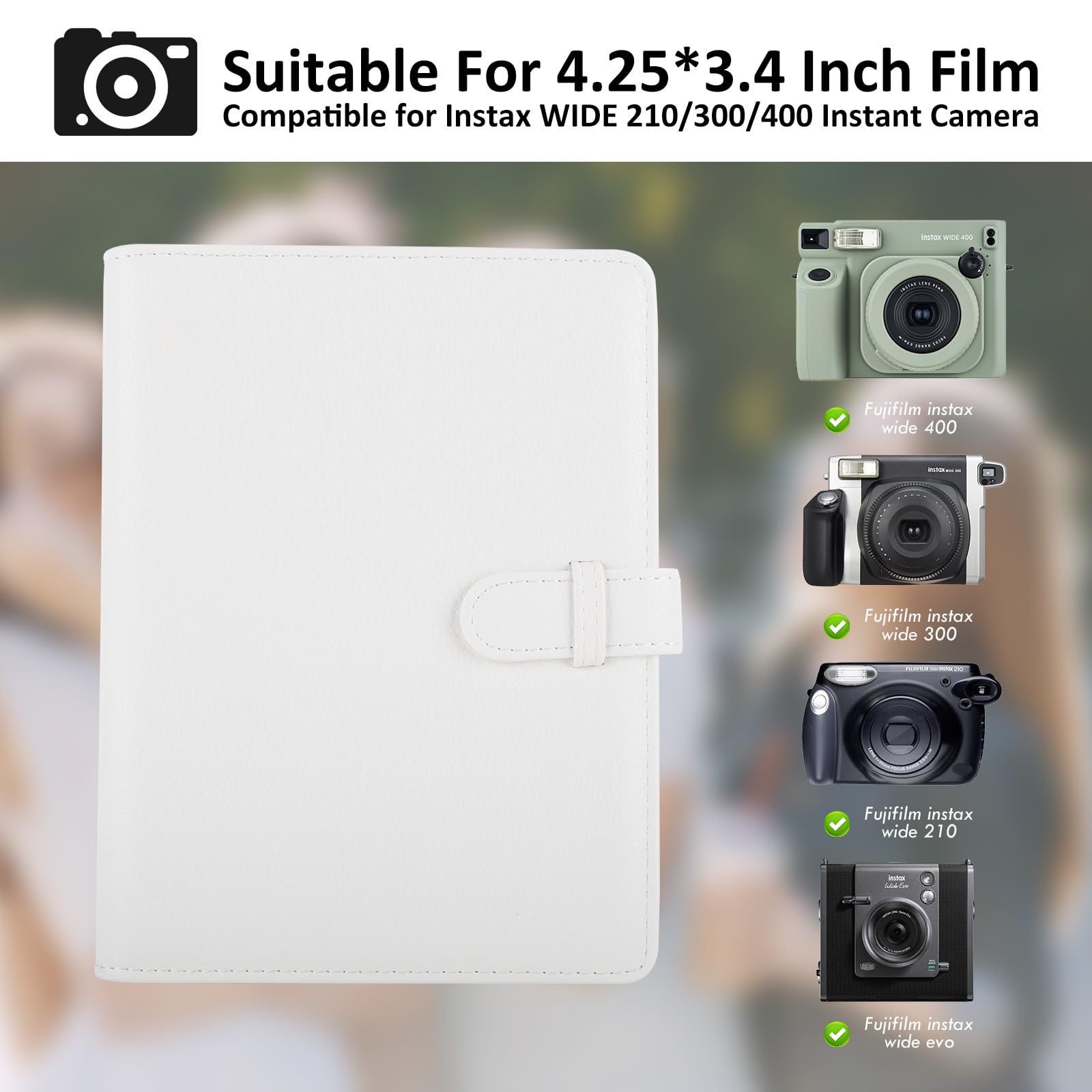 MUZIRI KINOKOO 80 Pockets Photo Album for Instax Wide EVO/Link WIDE/Wide 400 Camera Film,Lychee Texture PU Leather Album for Wide 300/Wide 210 Camera,4.25*3.4 inch Film Collection Souvenir Album-White - Image 2