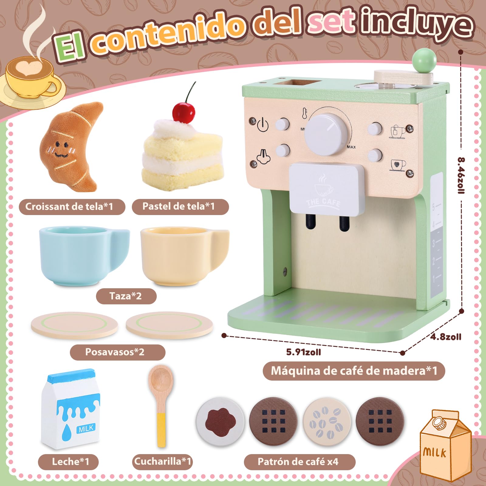 VBACALA Set de Juguetes de Cocina para Niños, Máquina de Café de Madera con Sonido y Botones, Accesorios de Cocina para Niños, Pastel y Croissant de Tela, Regalo Adecuado para 3+ años
