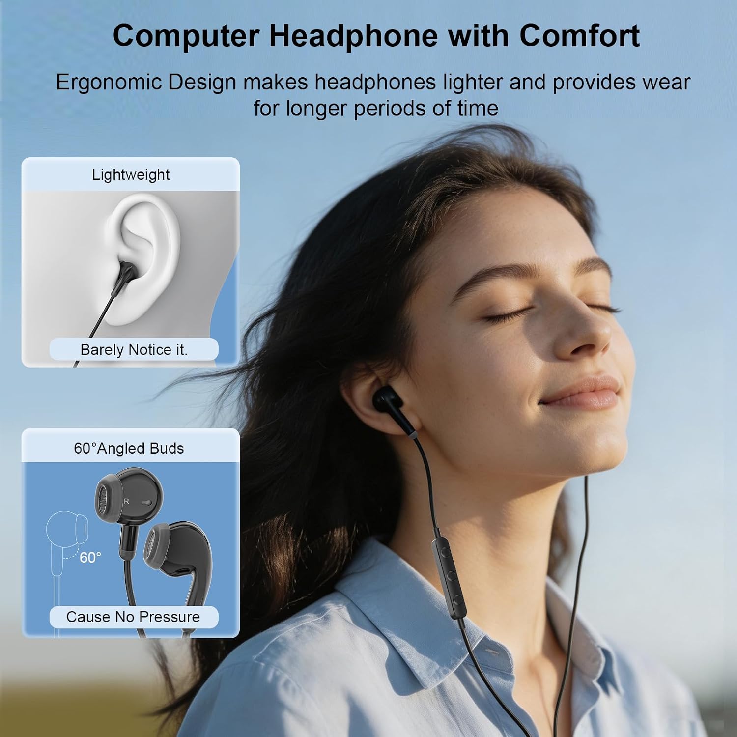 USB Earbuds with Microphone for PC In-Ear USB A Wired Computer Headphone Track Control Noise Isolated 7.5ft Long Cord Stereo Headset for HP Dell Surface Laptop Desktop Mac PS5 Zoom Office School Black