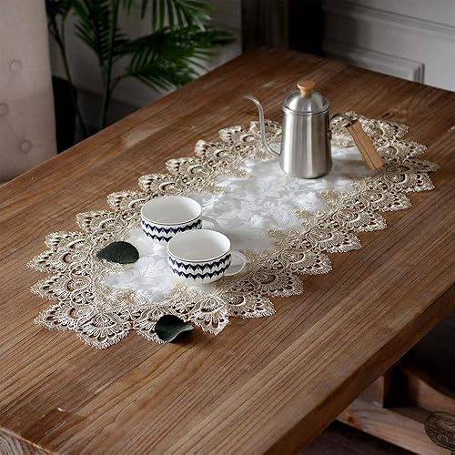Miniatura 6 de ARTABLE Camino de mesa de encaje con bordado de cuerda, bufanda retro clásica con patrón de flores, tela natural, mesa de centro vintage, boda,