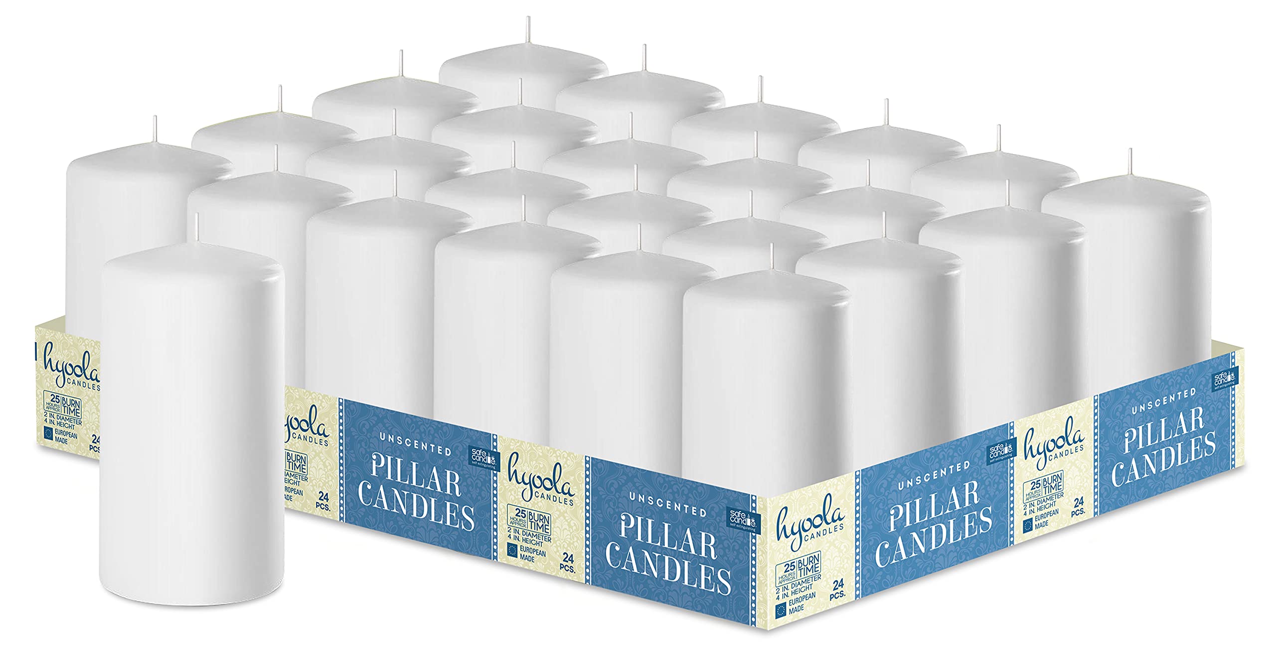 Hyoola White Pillar Candles 2-inch x 4-inch - 24 Pack Unscented Bulk Pillar Candles - European Made