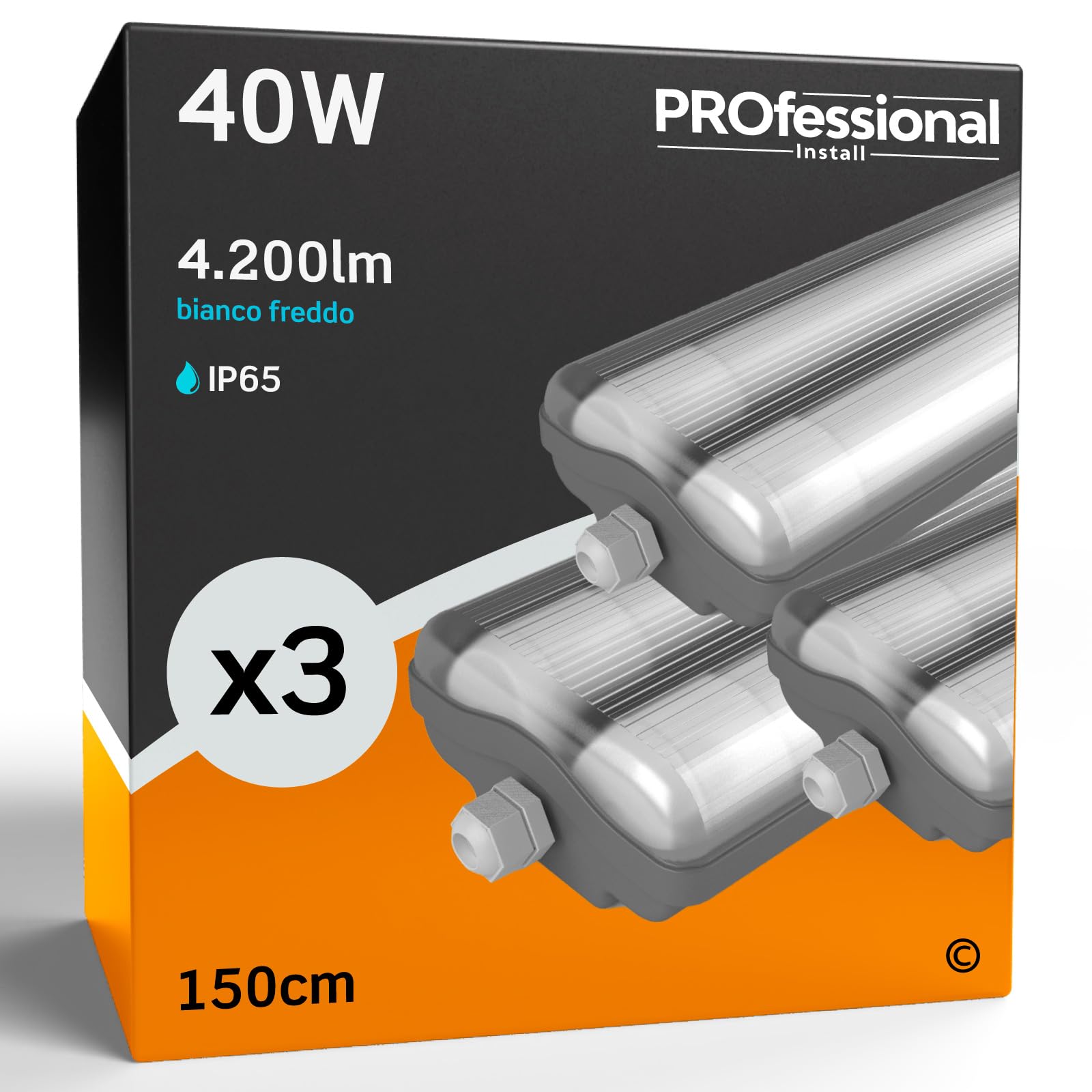 Eurocali 3x Plafoniere IP65 Impermeabile 40W Trasparente 4200 Lumen + 2 Tubi LED da 150cm - Luce Bianco Freddo 6400K - Fascio Luminoso 120° - Sostituzione Neon