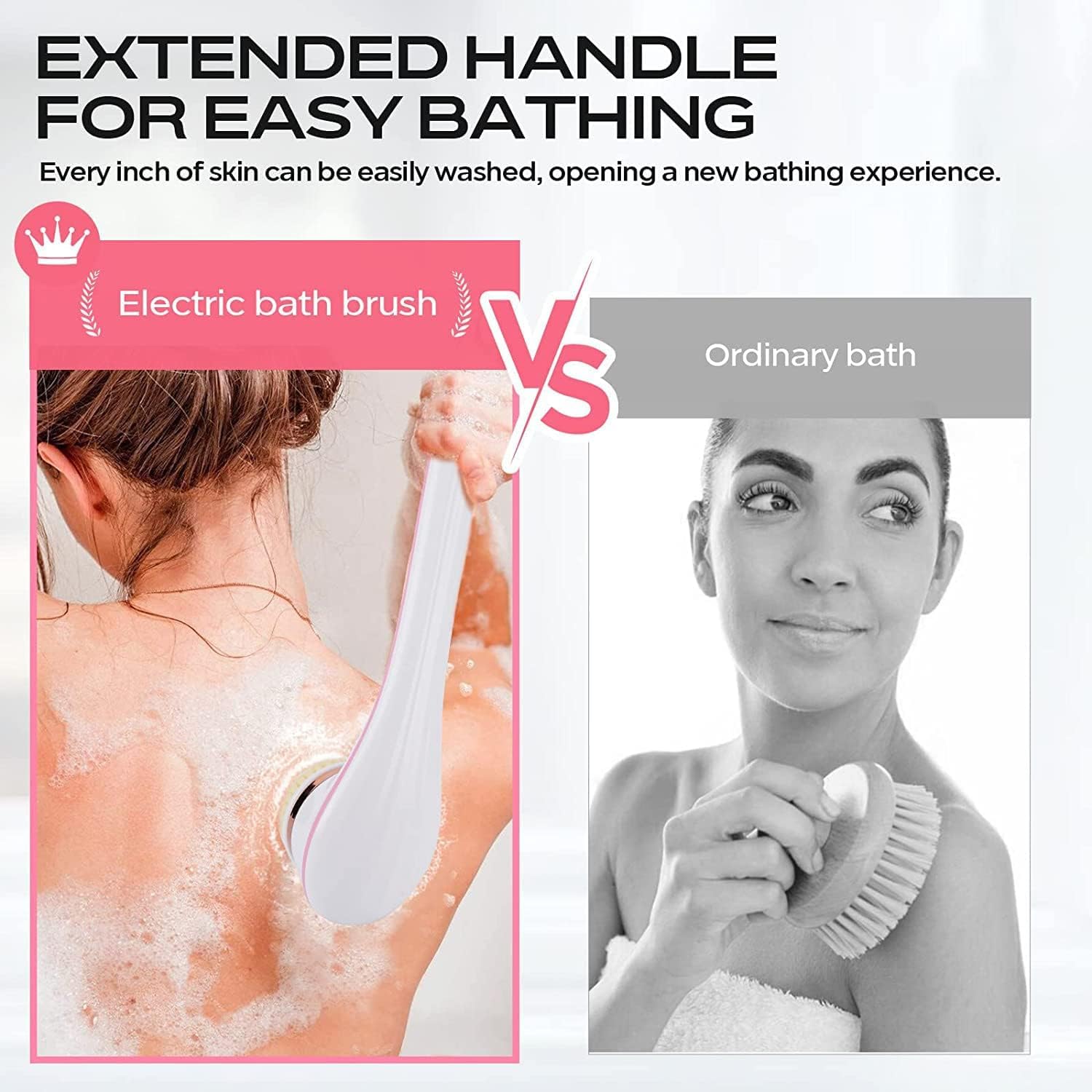 Rechargeable Electric Body Brush with Long Handle and Multiple Brush Heads, Pink