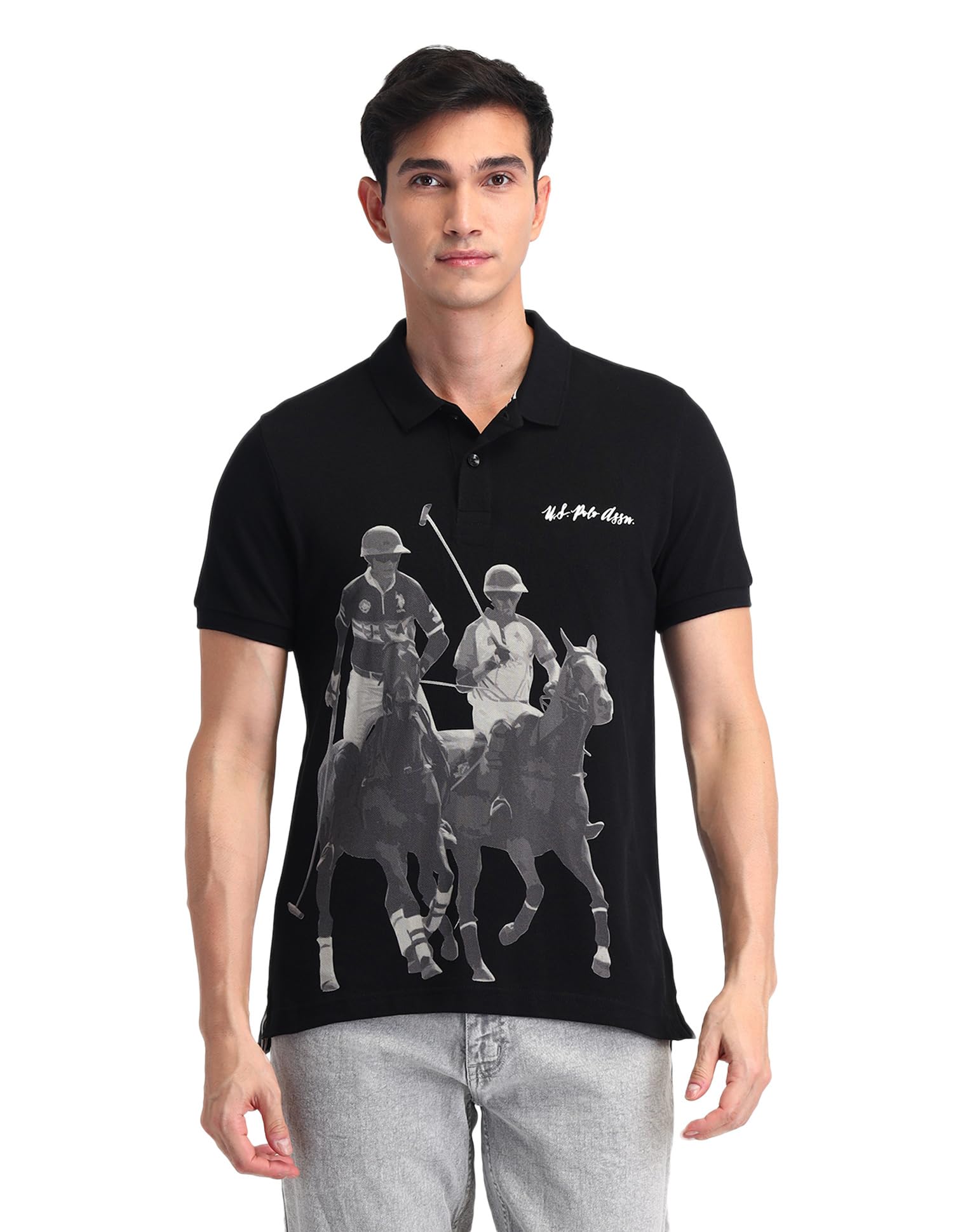 Denim Co. Mens Black Half Sleeve Cotton Fitted Polo Shirt-image-39