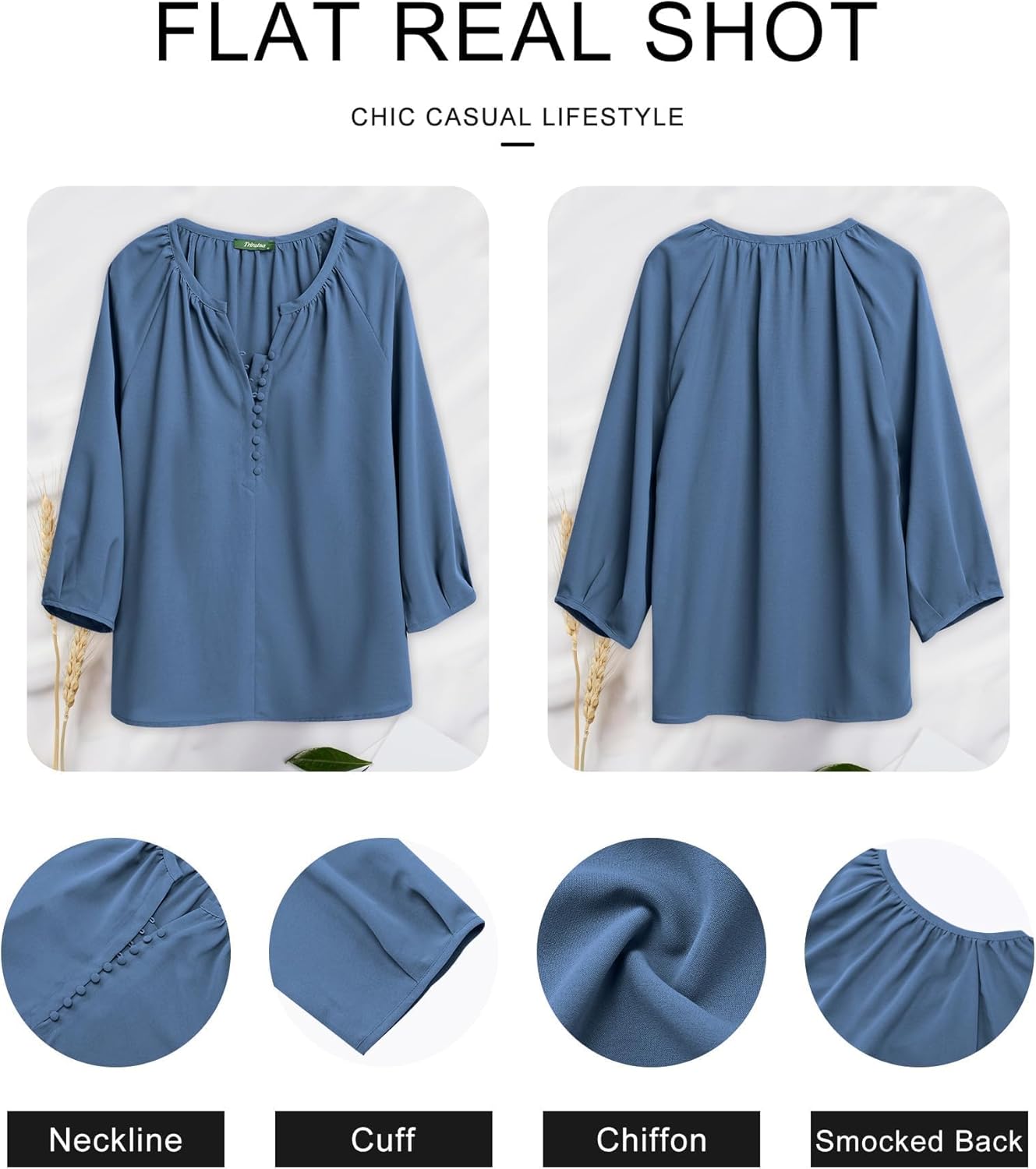 Womens Blouses Dressy Casual V Neck 3/4 Sleeve Tops Fashion Boho Chiffon Button Down Shirts - Image 4