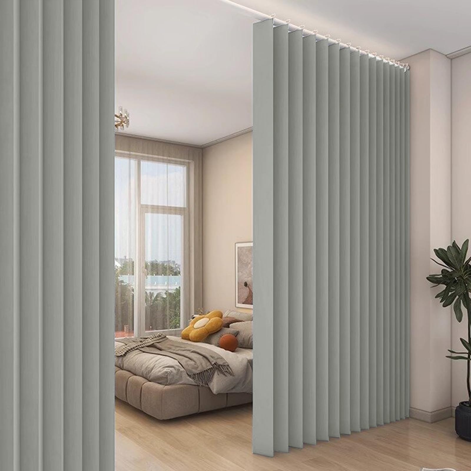 100"x96" Extra Large Blackout Room Divider Curtain,Waterproof Indoor/Outdoor Vertical Drapes for Bedroom, Living Room,Cordless Panel Partition with Hooks,Light Gray