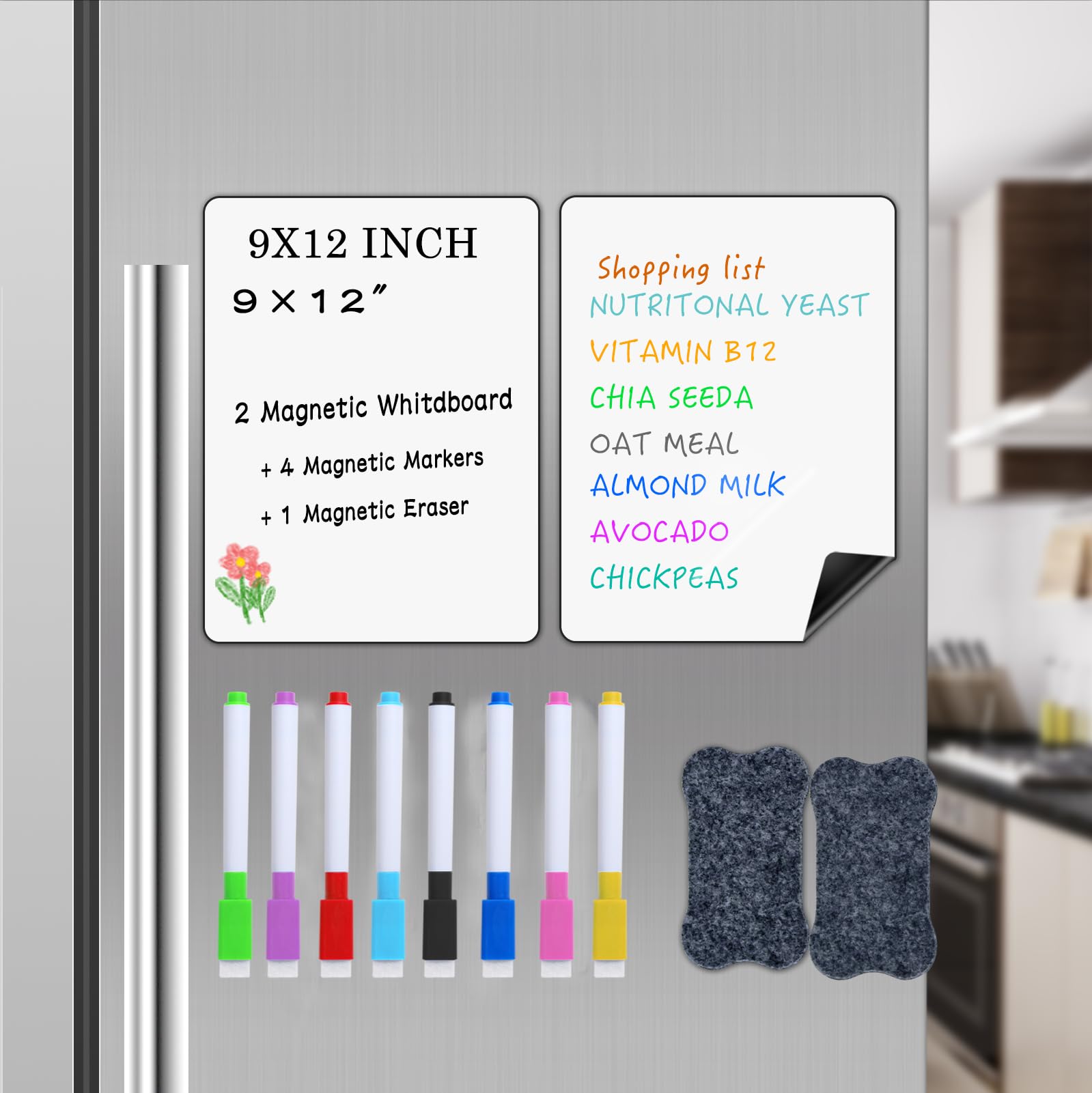 2PCS Magnetic Whiteboard for Fridge，Magnetic Dry Erase Board for Fridge, Fridge Whiteboard with 8 Dry Erase Marker and 2 Eraser(12" x 9")