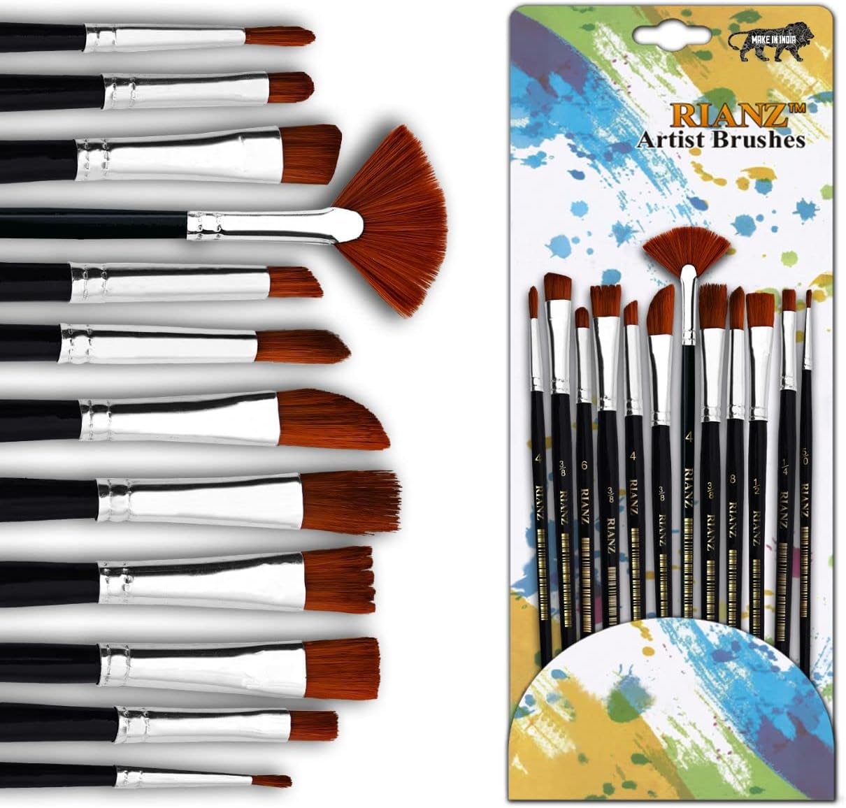 RIANZ Painting Brushes Set of 12 Professional Round Pointed Tip Nylon Hair Artist Acrylic Paint Brush for Acrylic/Watercolor/Oil Painting
