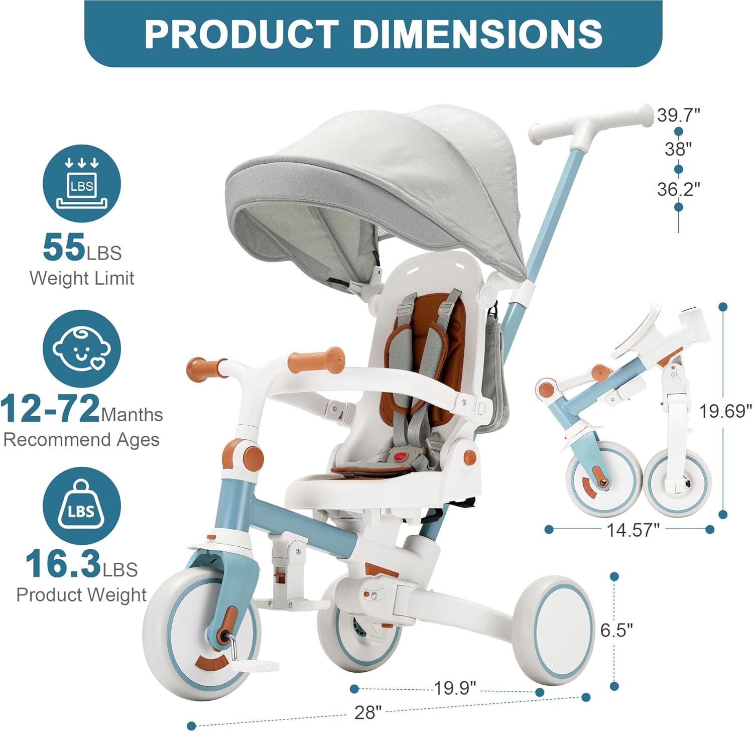 7-in-1 Toddler Tricycle with Parent Push Handle & Canopy, Fully Foldable & Adjustable Stroller, Balance and Pedal Bike for Kids 18 Months to 5 Years,Blue