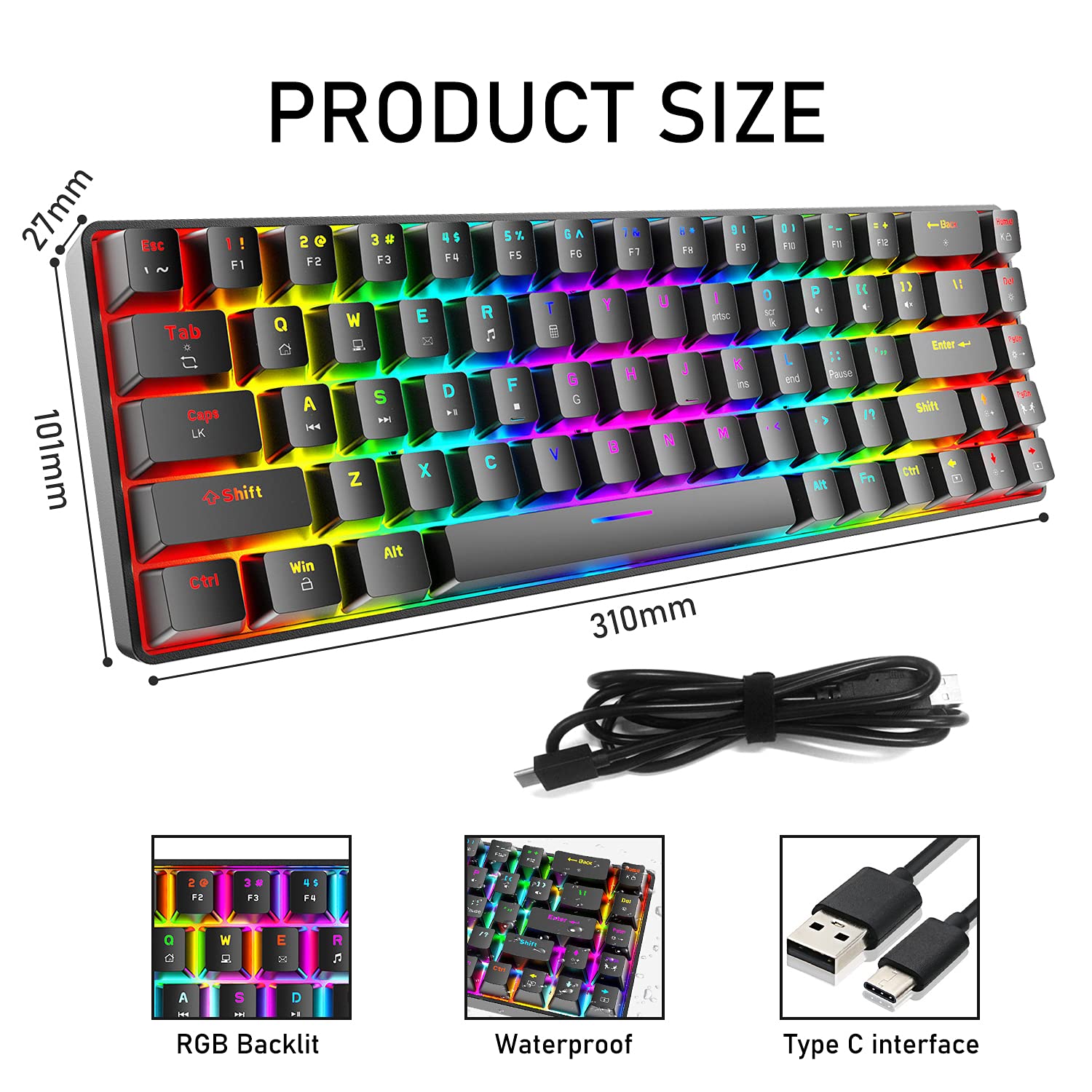 T8 Teclado mecánico actualizado 60% para juegos compacto tipo C con cable 68 teclas LED retroiluminado USB teclado impermeable 18 Chroma RGB Backlight teclas anti-ghosting (interruptor marrón )