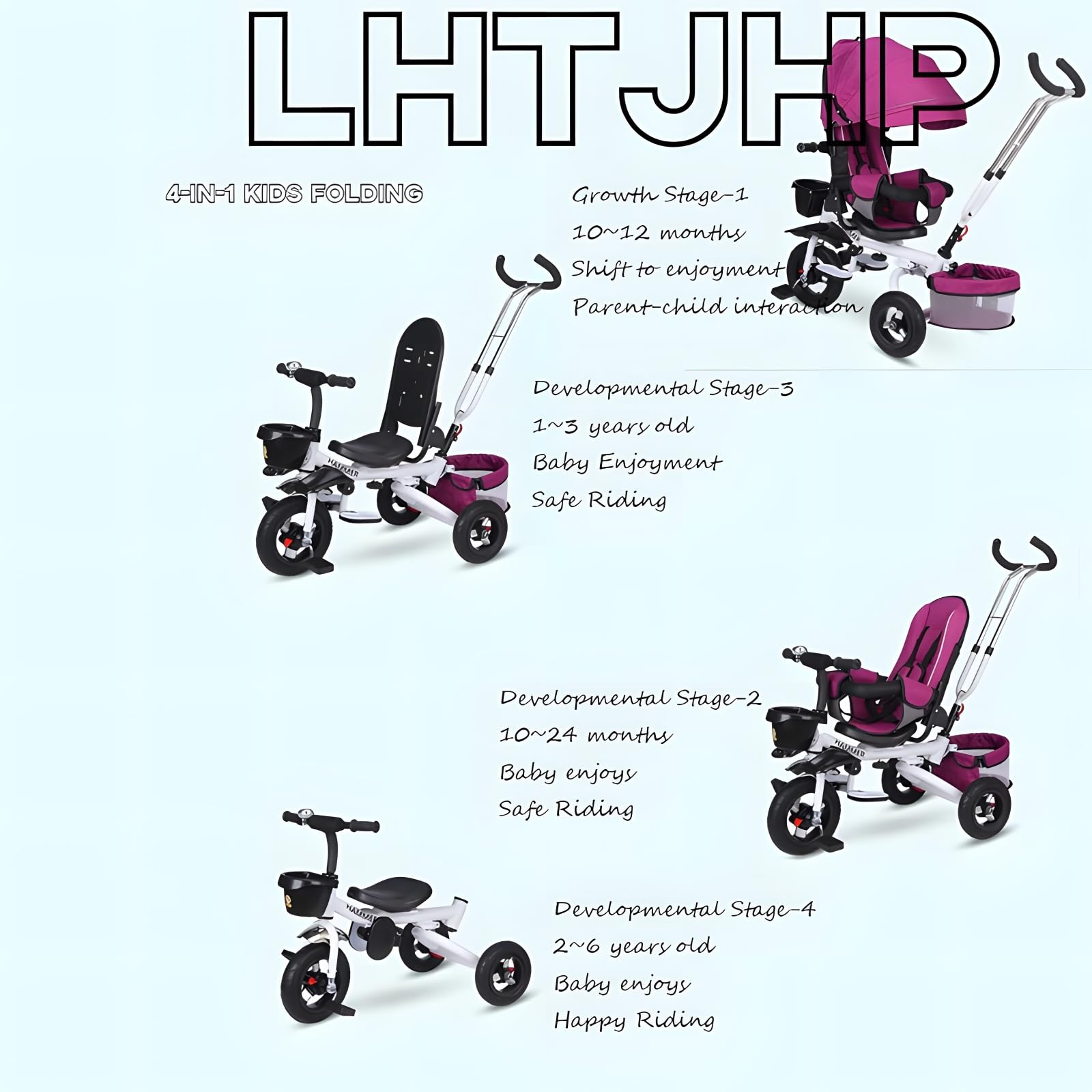 LHTJHP Tricycle Stroller, 4 in 1 for 18 Months -5 Year Old,Adjustable Push Handle, Rotatable Seat, Retractable Canopy, Folding Baby Trike w/Detachable Guardrail,White + Purple