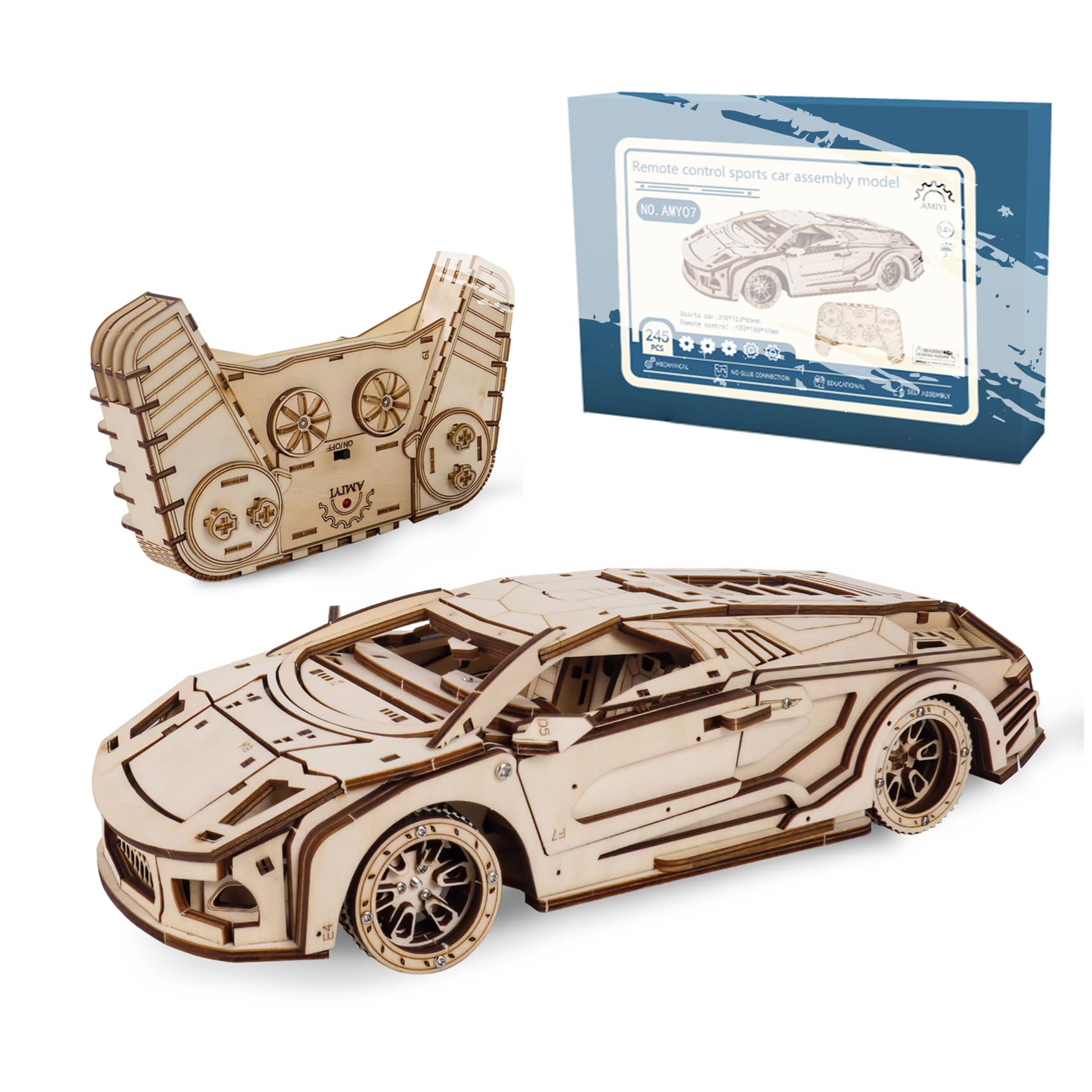 3D Holzpuzzle Erwachsene Auto Ferngesteuert, RC Sportwagen Modellbausatz aus Holz mit Motor Mechanisches DIY Fahrzeug Bastelset Holzbausatz Modellauto, Kreatives Geschenk & Modellbau Hobby