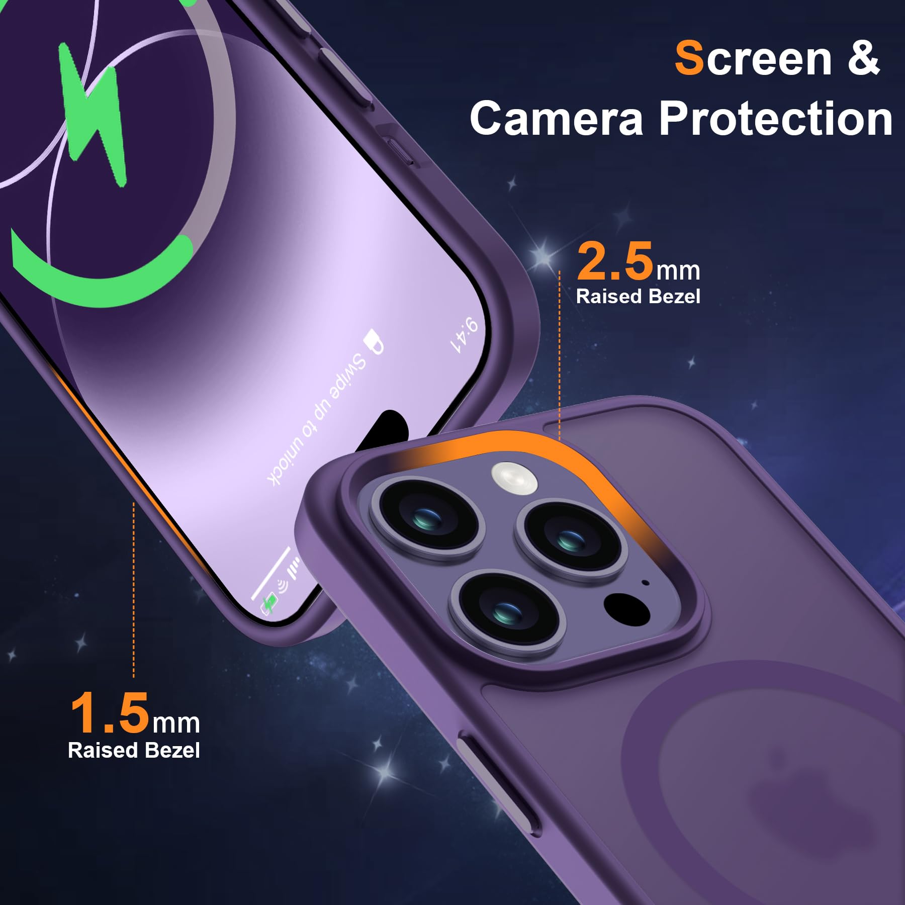 ORETECH Magnetica Cover per iPhone 14 Pro Max [Compatibile con MagSafe], con 2 Vetro Temperato e 1 Vetro Fotocamera, Custodia Traslucida Opaca Antiurto Ultra Sottile Hard PC Silicone, Viola Scuro