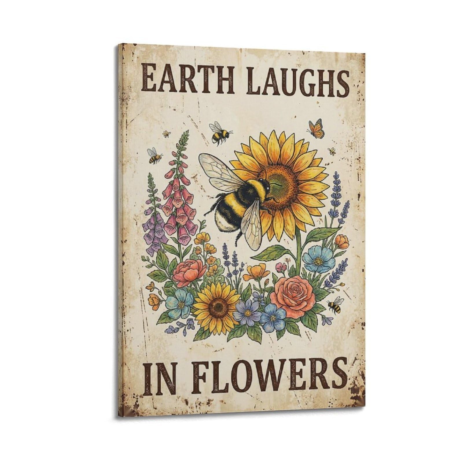 OKAHYS Vintage Earth Laughs In Poster Honeybee Pollinator Modern Decorative Canvas Prints - Ideal Wall Art for Family, Man Cave, Game Room, Boys & Girls Bedroom 20x30inch