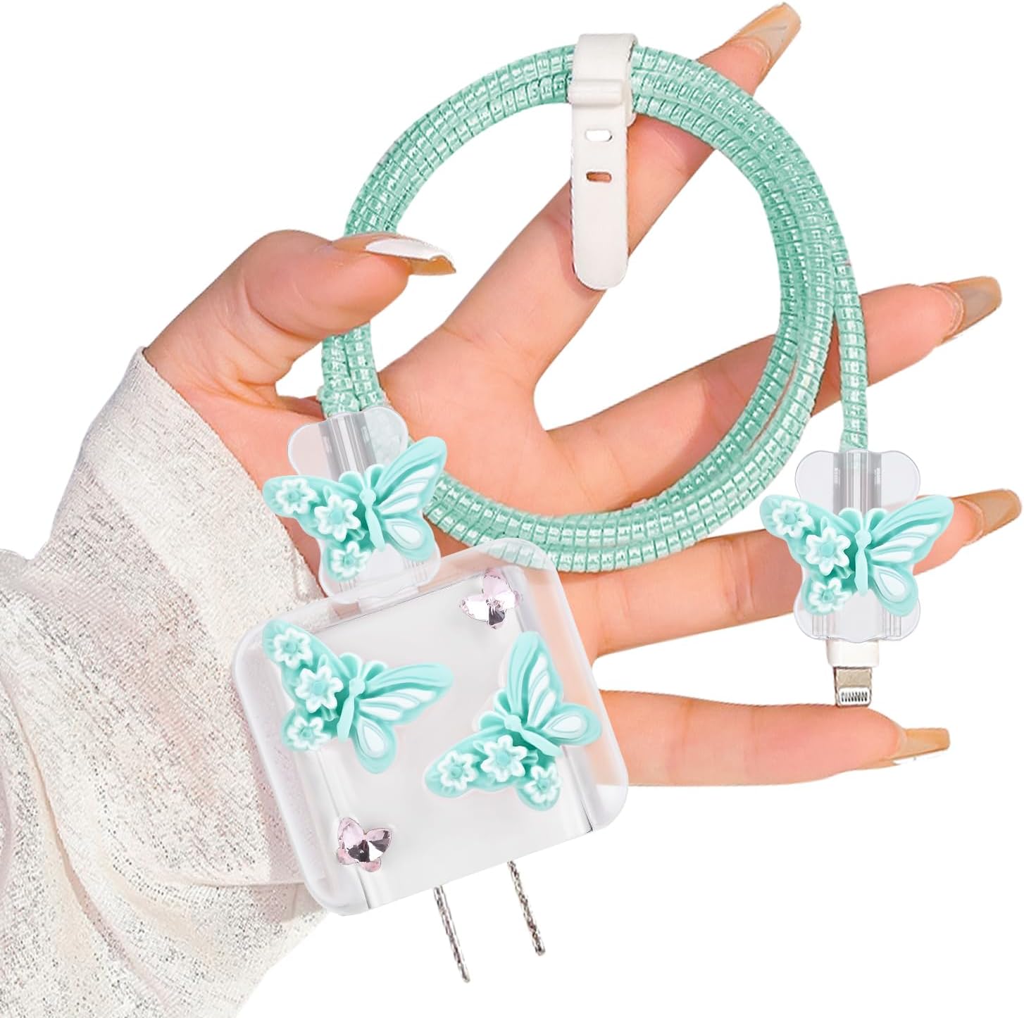 CameCosy Butterfly Cable Protector for iPhone 18W/20W Adapter Charger, Cute Butterflies Sparkle Transparent Silicone Data Line Cable Case Cord Saver Charger Protector for iPhone Charger (Blue)
