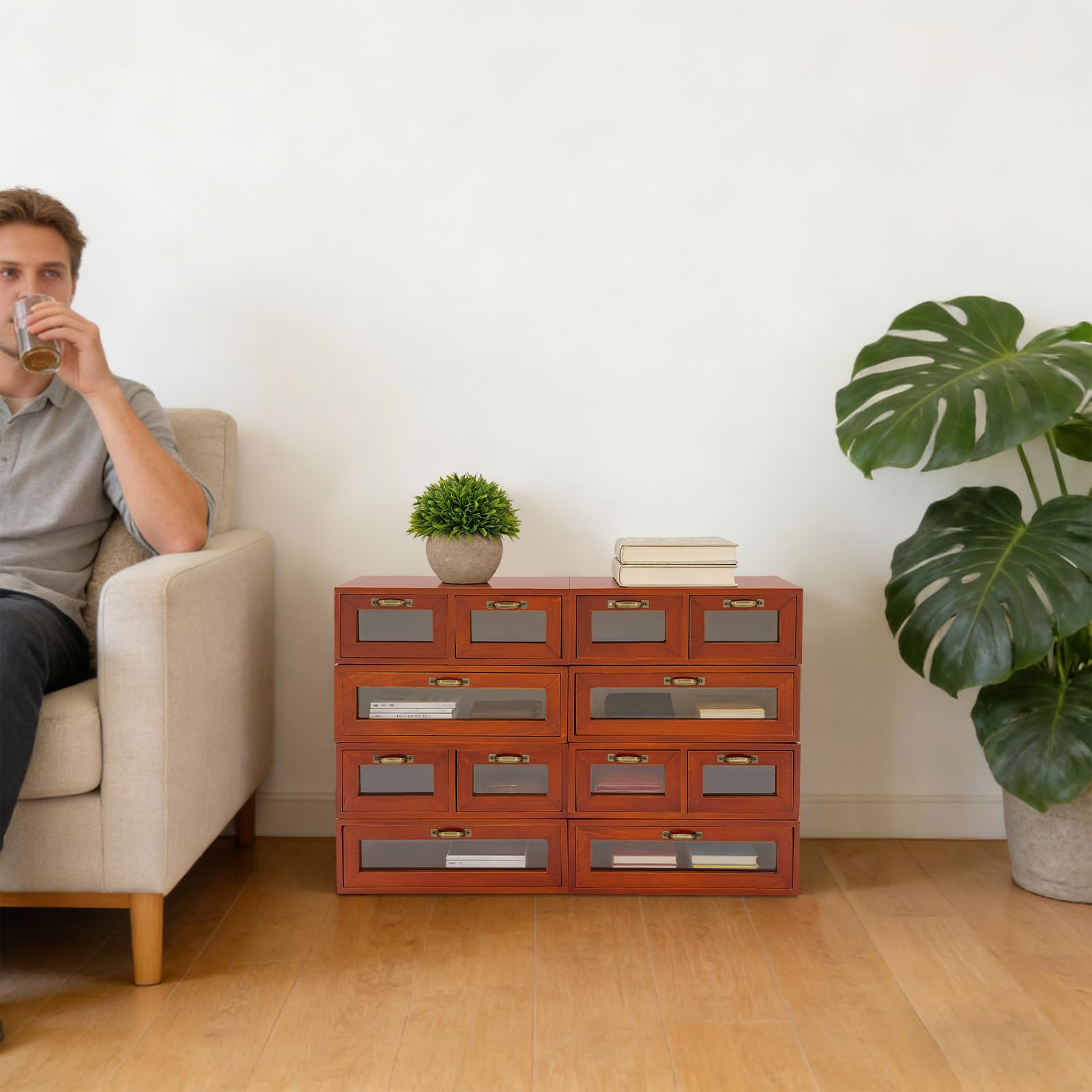 4 Stück Holz Schreibtisch Schubladenbox Stapelbare mit 12 Schubladen | Retro Schreibtisch-Organizer mit Griffen 4er-Set Aufbewahrungsbox für Ladekabeln, Kosmetik, Kräutermedizinen, Karten