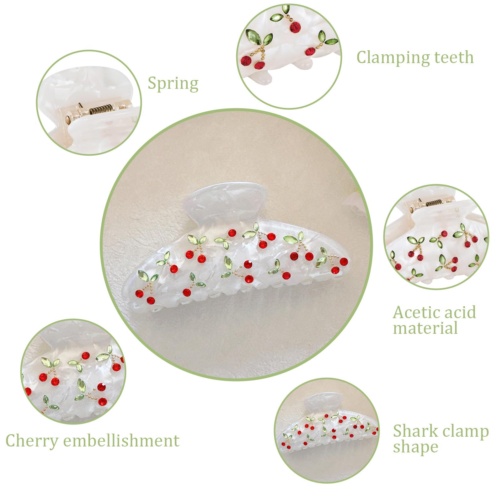 FENGCHUANG Claw Clips for Women 3.5'' Medium Claw Clips White Cherry Hair Clip with Red Rhinestones Non-Slip Hair Jaw Clips for Thick Fine Hair - Image 3