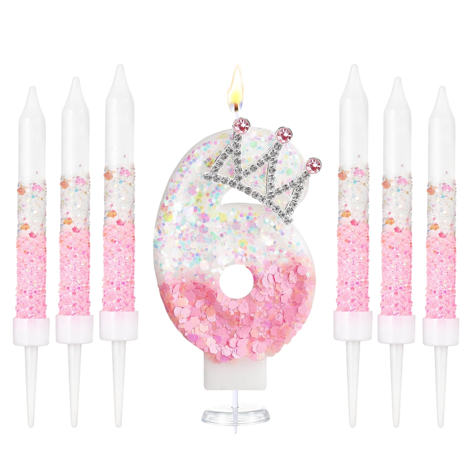 Crown Number Birthday Candles, Glitter Pink White Birthday Candle with 6 Pcs Long Candles, Stylish Princess Themed Cake Topper for Girls Birthday Party Supplies (6 Candle)