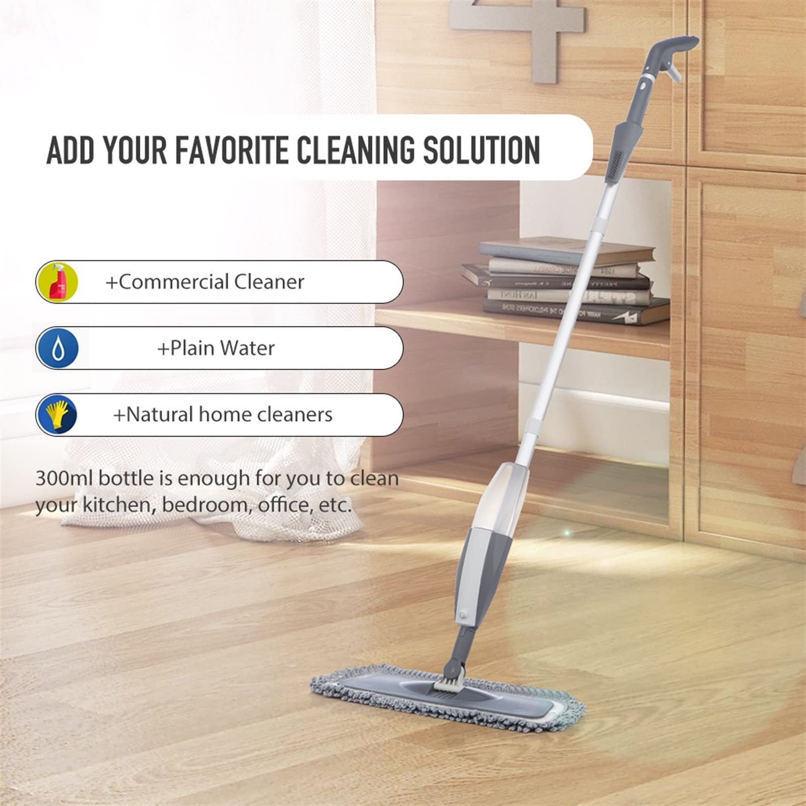 Mopa limpiadora en aerosol para suelos – mopa plana húmeda y seca para azulejos, laminado, cerámica, madera – Incluye almohadillas reutilizables y kit de limpieza de raspador