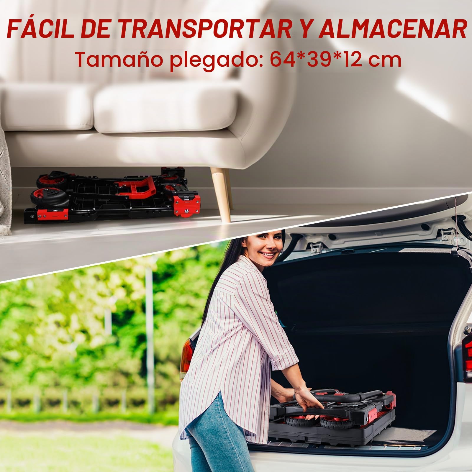 Carretilla de Mano y Carro Plegable 2 en 1, con Caja Abatible y 2 Correas | Capacidad de 150 kg, Asa Ajustable 3 Alturas, Ideal para Mudanzas, Supermercado y Acampada (Rojo)
