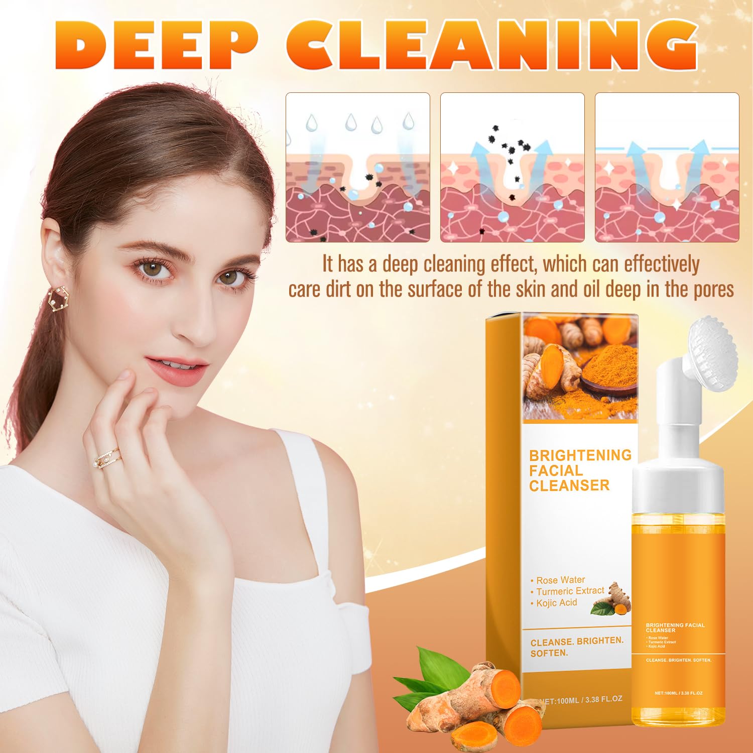 Juego de tres piezas de lavado y cuidado de cúrcuma, limpiador facial Tuemeric y barra de jabón de cúrcuma y almohadillas de cúrcuma, limpiador facial y corporal, juego de cuidado de la piel de 5