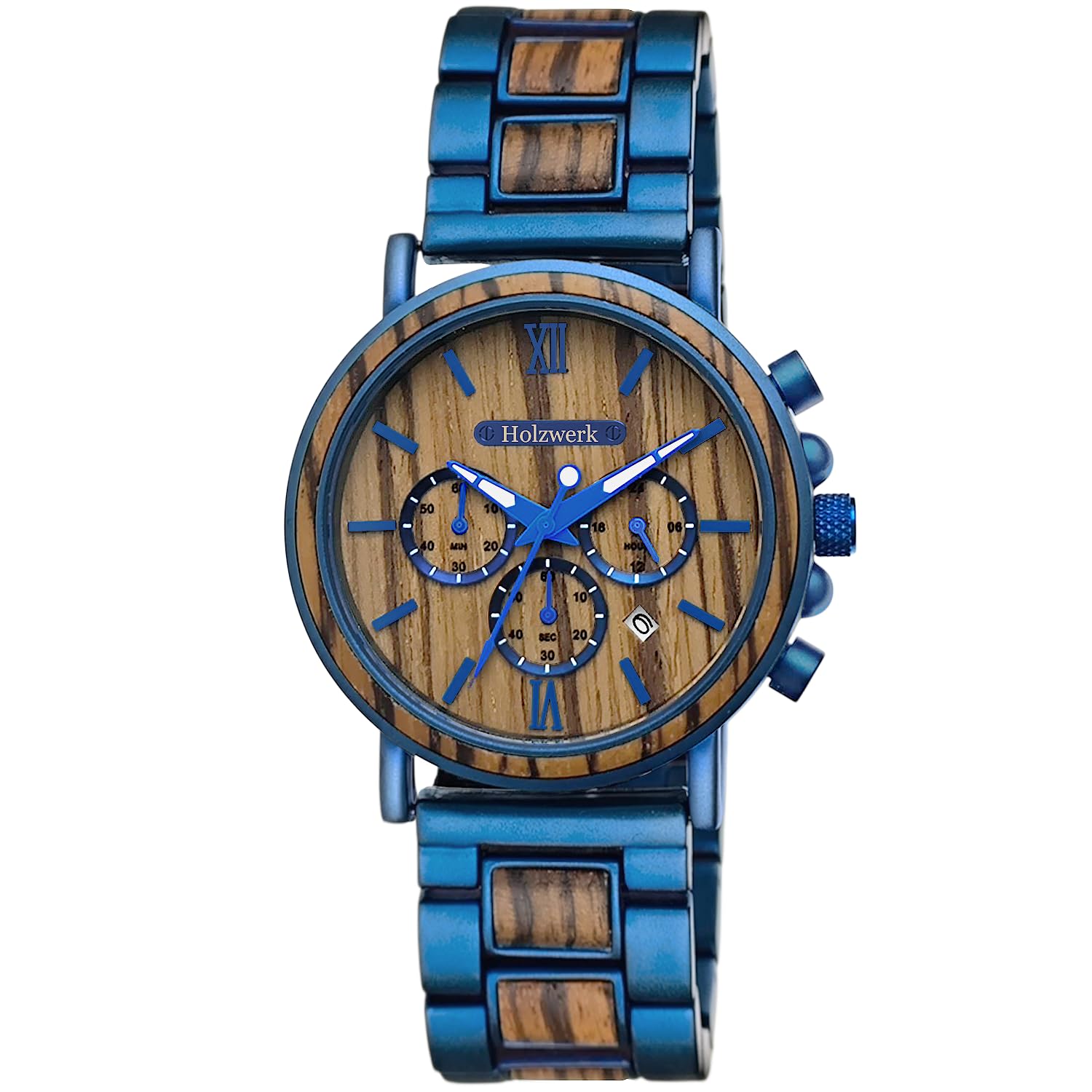 Holzwerk Berlin - Reloj de pulsera para hombre con cronógrafo de madera natural, analógico, cuarzo, marrón, azul, números romanos, fecha, madera