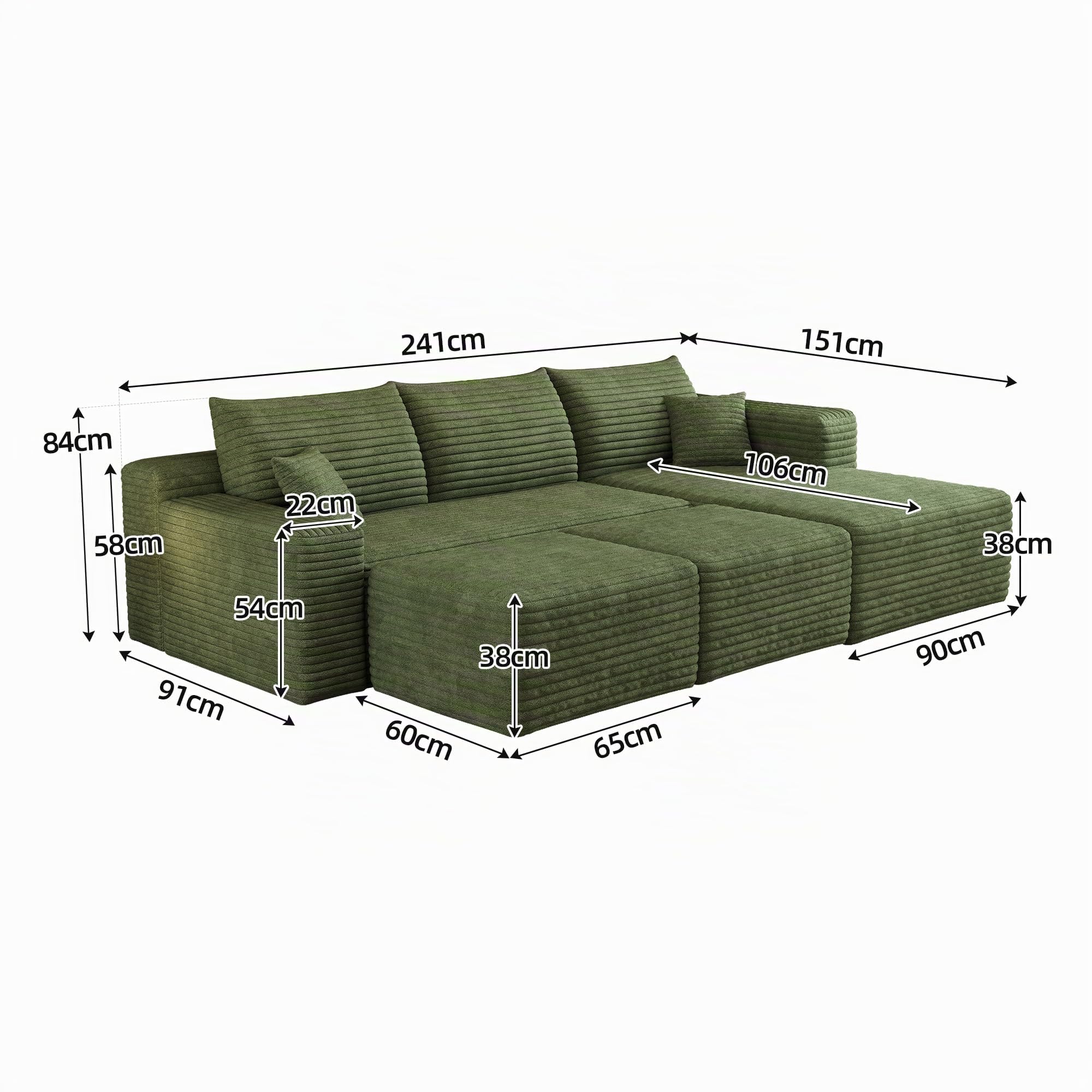 Canapé à d'angle convertible,canapé lit canapé 3 Places,canapé convertible,de Compression modulaire en U,241 cm de long,spacieux et confortable,Peut être combiné librement,Aucun assemblage requis