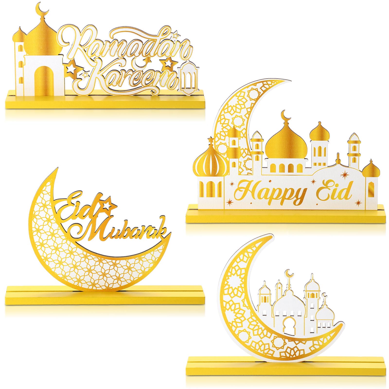 Blulu 4 Pcs Ramadan Mubarak Table Centerpiece Decorations Eid Mubarak Kareem Tiered Tray Muslim Wood Signs Table Decor Al-fitr Gold Detachable Tabletop Supplies for Home Kitchen Eid Al Fitr Party