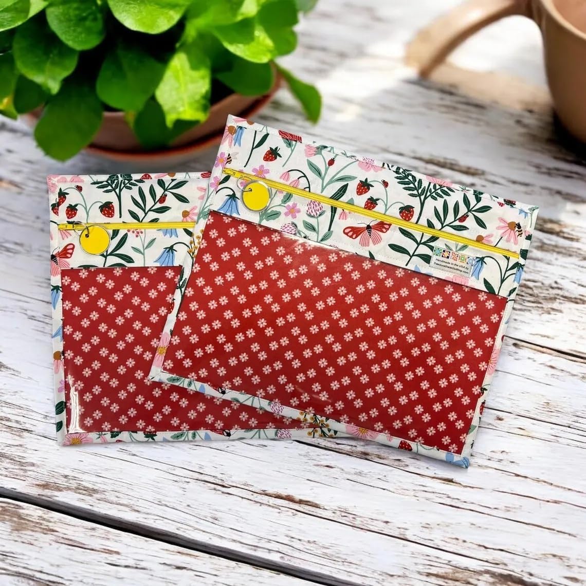 Strawberry Wildflower Meadow - Handmade WIP Project Bag for Cross Stitch Embroidery–Clear Vinyl Front Project Organizer, Needlework Storage Pouch –Fits 6x6 Q-Snap Frame,Nurge No.3 Hoop & up to 8"hoop
