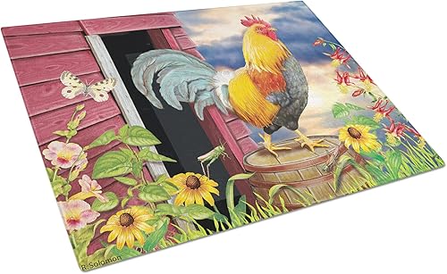 Caroline's Treasures PRS4061LCB Rooster Barnyard - Tabla de cortar de vidrio de la mañana grande decorativa de vidrio templado para cocina, tabla de
