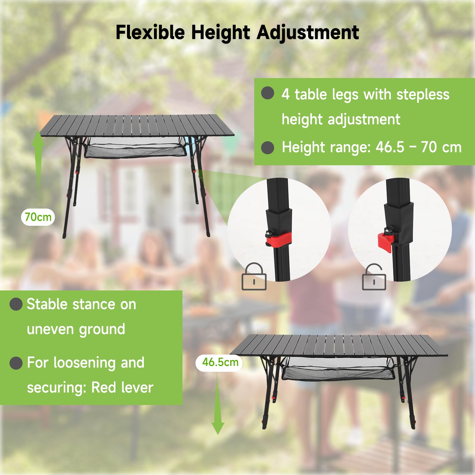 HAUSPROFI Table de camping pliable avec cadre en aluminium - Plateau de table enroulable - Réglable en hauteur - 120 x 70 cm - Jusqu'à 100 kg - Avec sac de transport avec sangle de transport et sac en