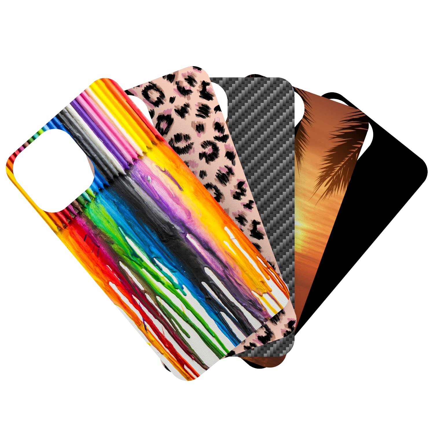 ScoochRestyle Insert 5 Piece Bundle - Colorful Swappable Inserts for iPhone 14 Clear Phone Cases - Black, Carbon Fiber, Leopard, Melted Crayon, Sunset