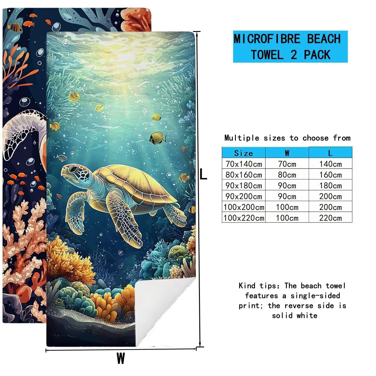 Telo Mare Microfibra, Telo Mare Grande 90x200cm 2 Pezzi, Asciugamano Palestra Donna Asciugatura Rapida, Antisabbia Asciugamano Microfibra, Leggero Asciugamani Palestra per Regalo (Tartaruga) -4550