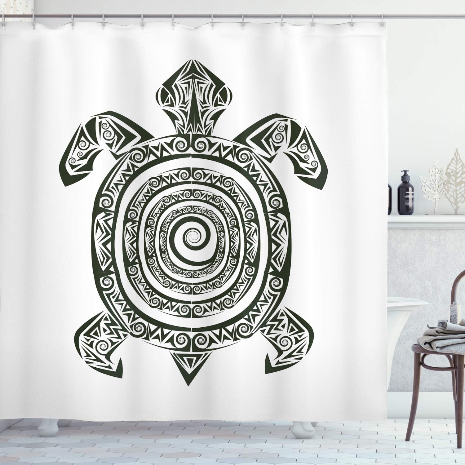 Ambesonne Turtle Shower Curtain, Maori Tattoo Style of Sea Animal Tribal Spiral Form Tropical, Cloth Fabric Bathroom Decor Set with Hooks, 69" W x 75" L, Black and White
