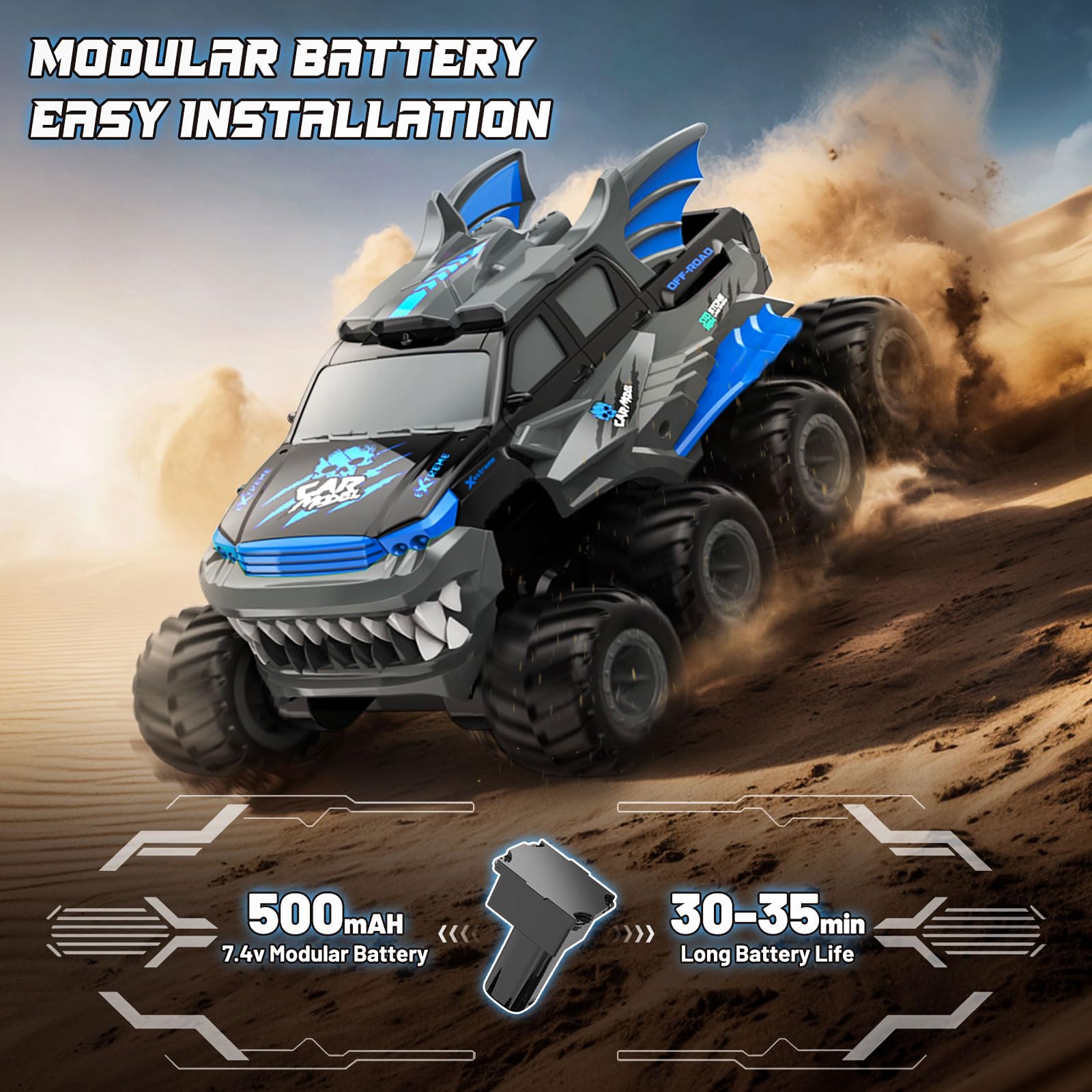 Voiture télécommandée amphibie 8WD Tout Terrain – RC Monster Truck étanche pour Terre & Eau, 2 Batteries modulaires, 2.4GHz, Cascades 360°, Voiture radiocommandée Monstre dès 8 Ans