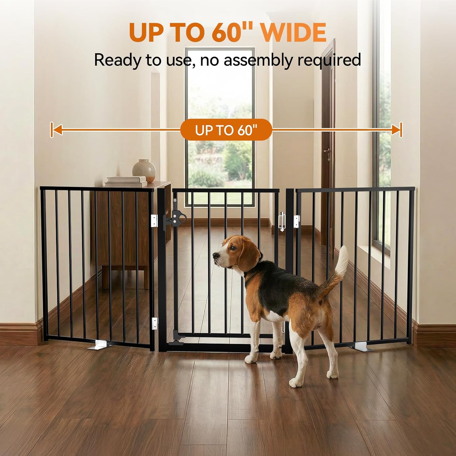 BFNN Metal Free Standing Dog Gate, 60" Extra Wide Foldable Pet Gate with Walk-Thru Door, Double-Locking Puppy Fence for Doorways, Stairs, Hallways, No Drill Heavy Duty Barrier for Dogs
