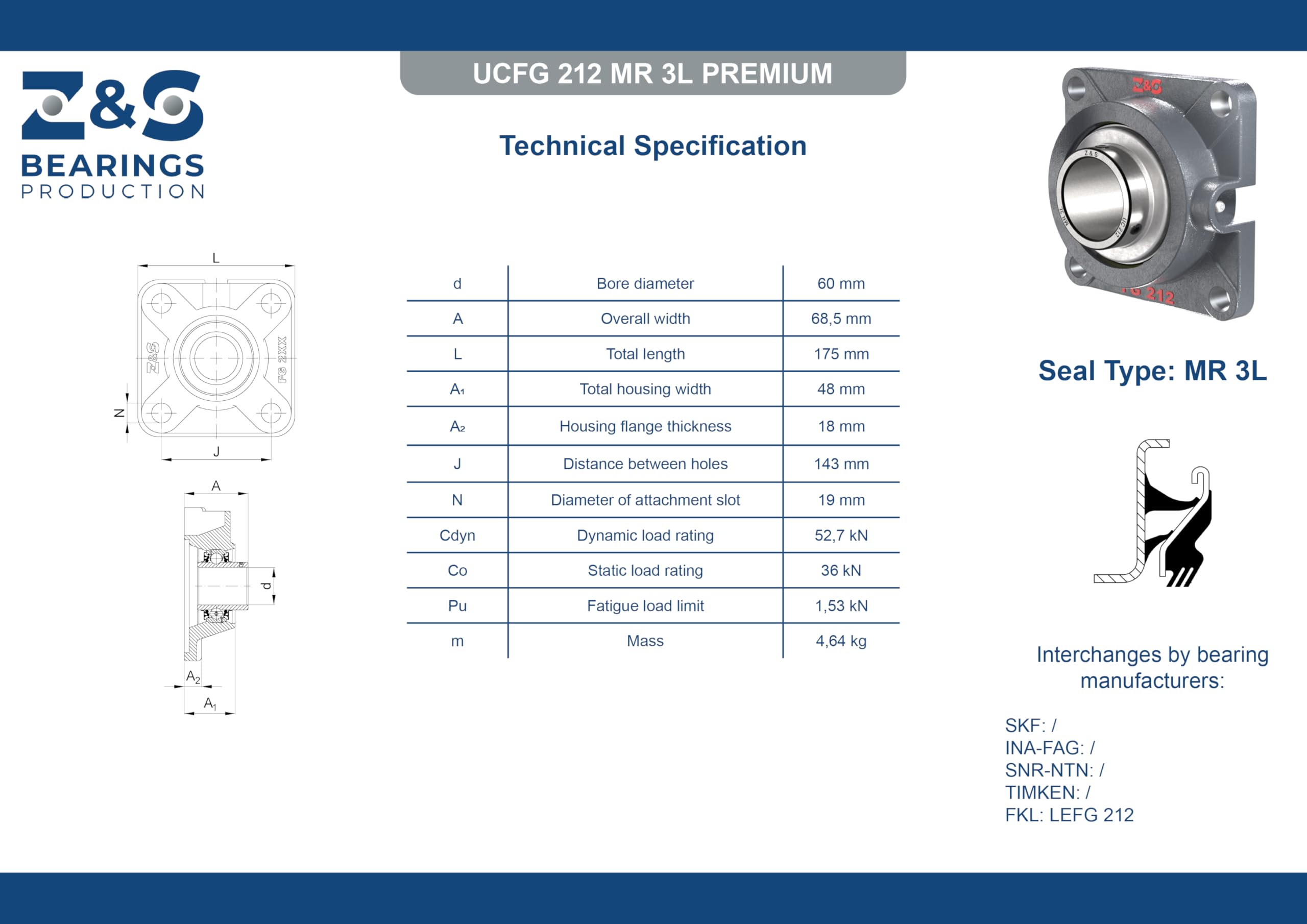 Housing Bearing Premium UCF 212 with Grease Nipple Protection Flange Y Bearing Unit 4-Hole (UCFG) | 60mm | FYJ 60 TF RCJY60 JIS UCF212 [Z&S]