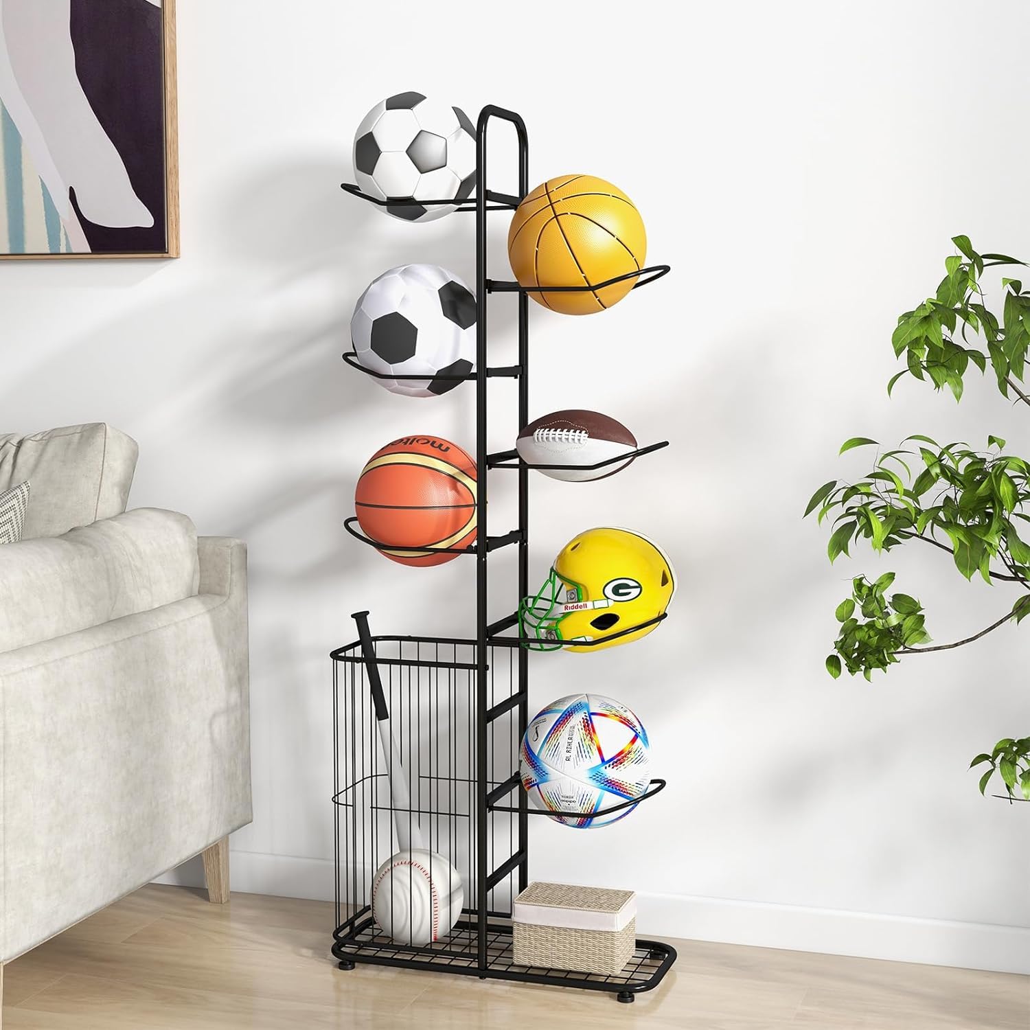 GOPLUS Estante para Pelotas de 7 Niveles, Soporte Vertical Independiente con Cesta Lateral y Barras Colgantes Extraíbles, Organizador de Equipos Deportivos para Baloncesto Fútbol Voleibol Rugby