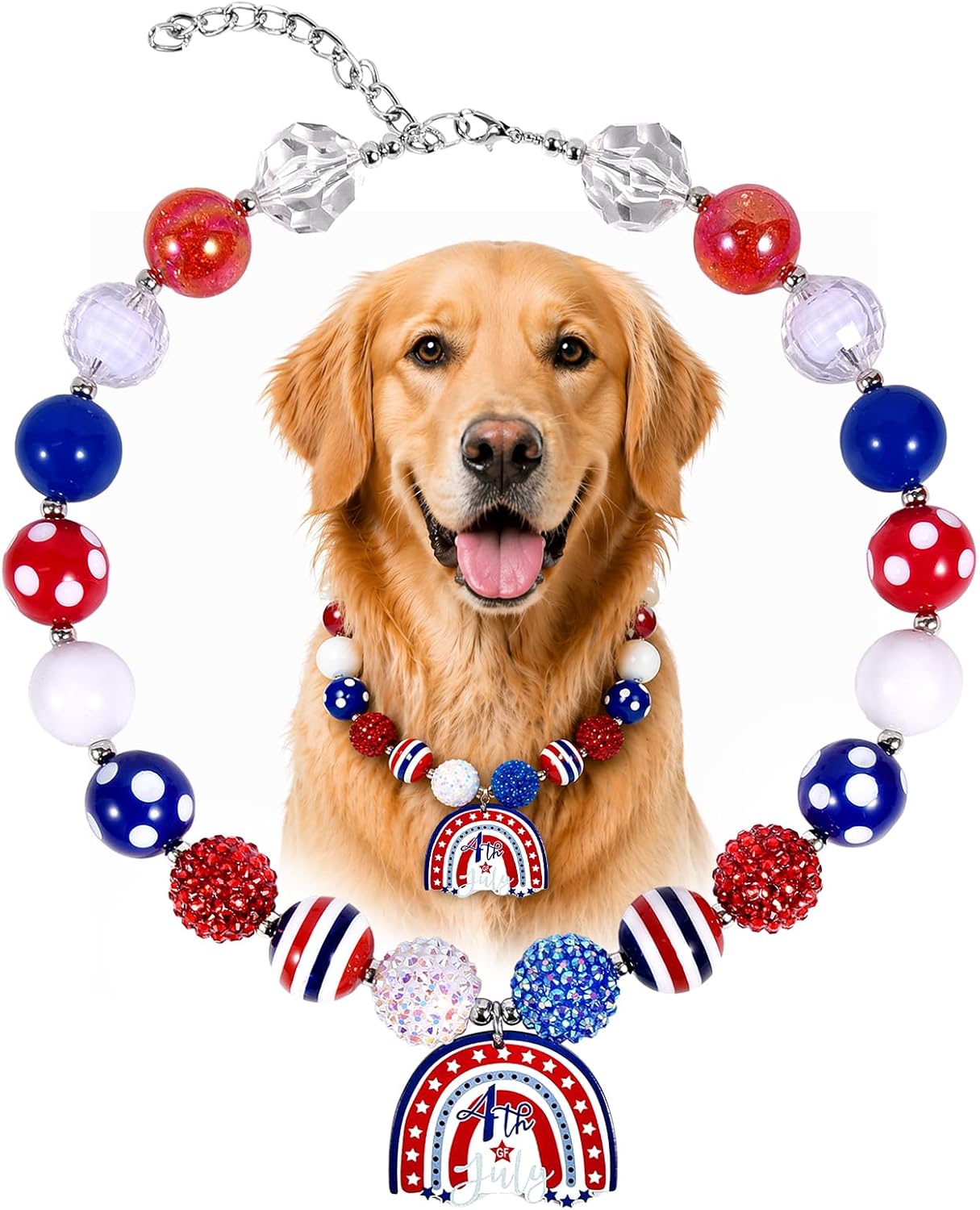 4th of July Patriotic Dog Necklace, 20mm Red White Blue Beaded Dog Collar with Stars & Stripes Pedant, Nautical Captain’s Mate Dog Jewelry for Independence Day, Adjustable Fancy Pet Necklace (USA, L)