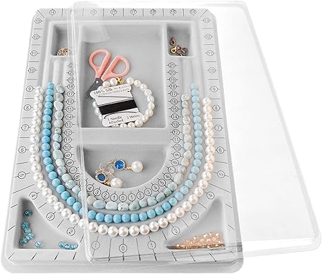 The Bead Board with Clear Cover,Grey Flocked,6 Recessed Compartments,3 U-Shaped Channels,Design Boards for Jewelry Bracelet Necklace Making DIY