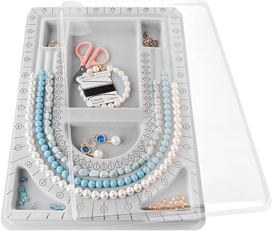 The Bead Board with Clear Cover,Grey Flocked,6 Recessed Compartments,3 U-Shaped Channels,Design Boards for Jewelry Bracelet Necklace Making DIY