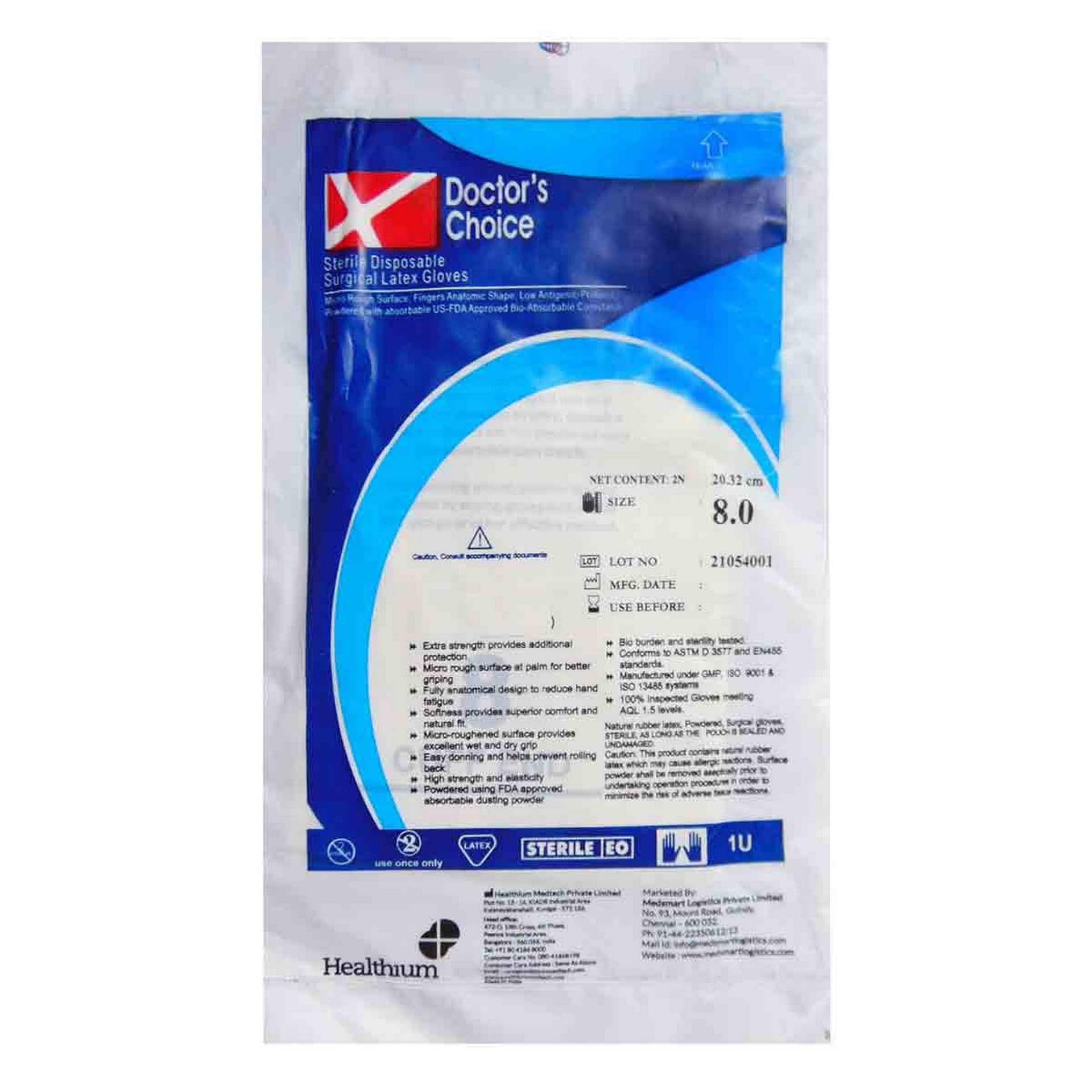 Doctors Choice Sterile Disposable Surgical Latex Gloves Size-8.0, 1 Pair
