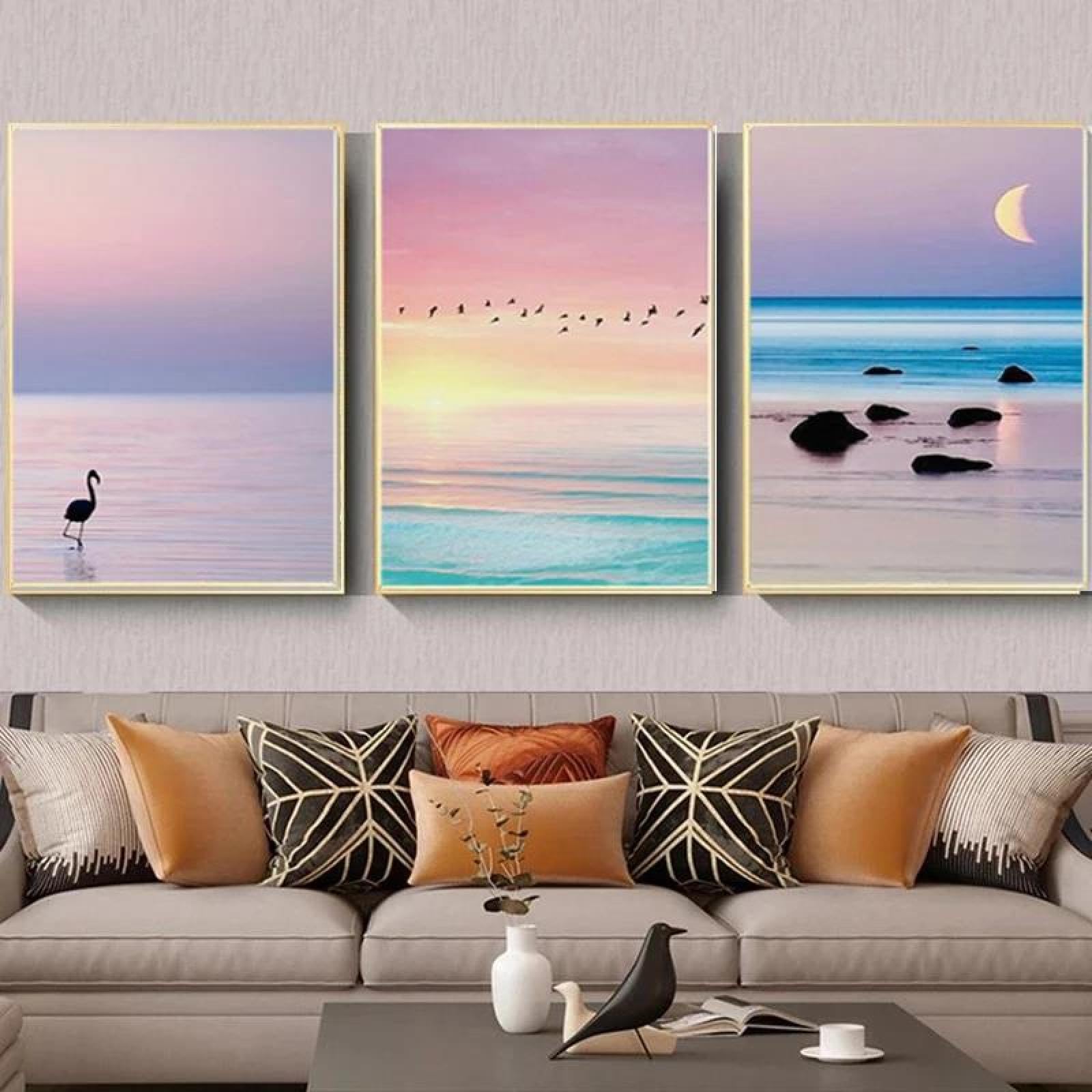 Baibexing Nordic Landscape Beautiful Sea Baech Sunset Canvas Painting Picture Minimalist Warm Poster Bedroom Decor 40X60Cmx3Pcs Unframed