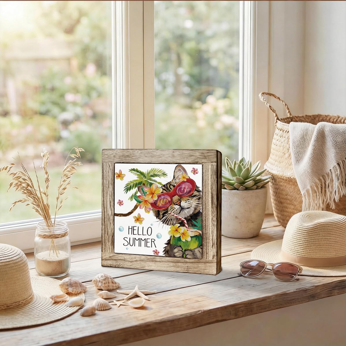 Summer Decor Sign Wooden Plaque, Hello Summer Tabletop Shelf Decoration, Cute Cat Tropical Home Accent Gift for Bedroom Desk Entryway Tiered Tray Display, 5.9x5.9 Inch image 5