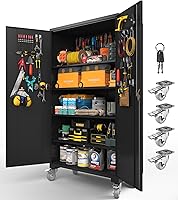 Basenji Tall Wide Metal Garage Storage Cabinet: Lockable Doors, 4 Adjustable Shelves, Pegboards, Wheels - Heavy Duty Black 72"H