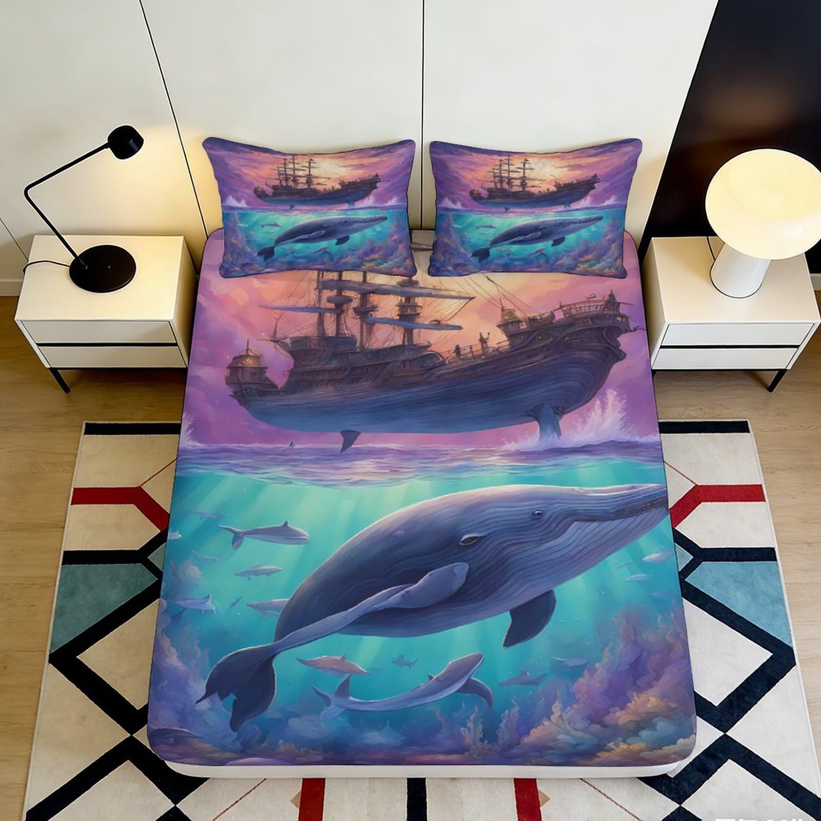 Pnayamiorkfel Style-3 3D Printed Ocean Whale Fitted Sheet Microfiber Soft Pirate Ship Bed Cover For Bedroom Guest Room Decor 90X200x25cm