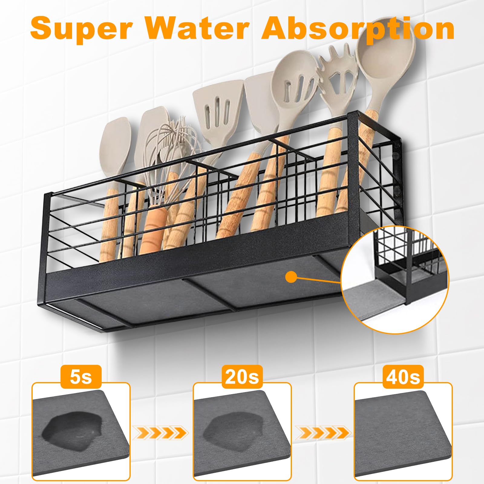 Porte-ustensiles de Cuisine, 4 Compartiments Porte-Couverts avec Base en Diatomite, Organiseur d’ustensiles pour Comptoir ou Mural, Grand Rangement d'outils de Cuisine, Noir
